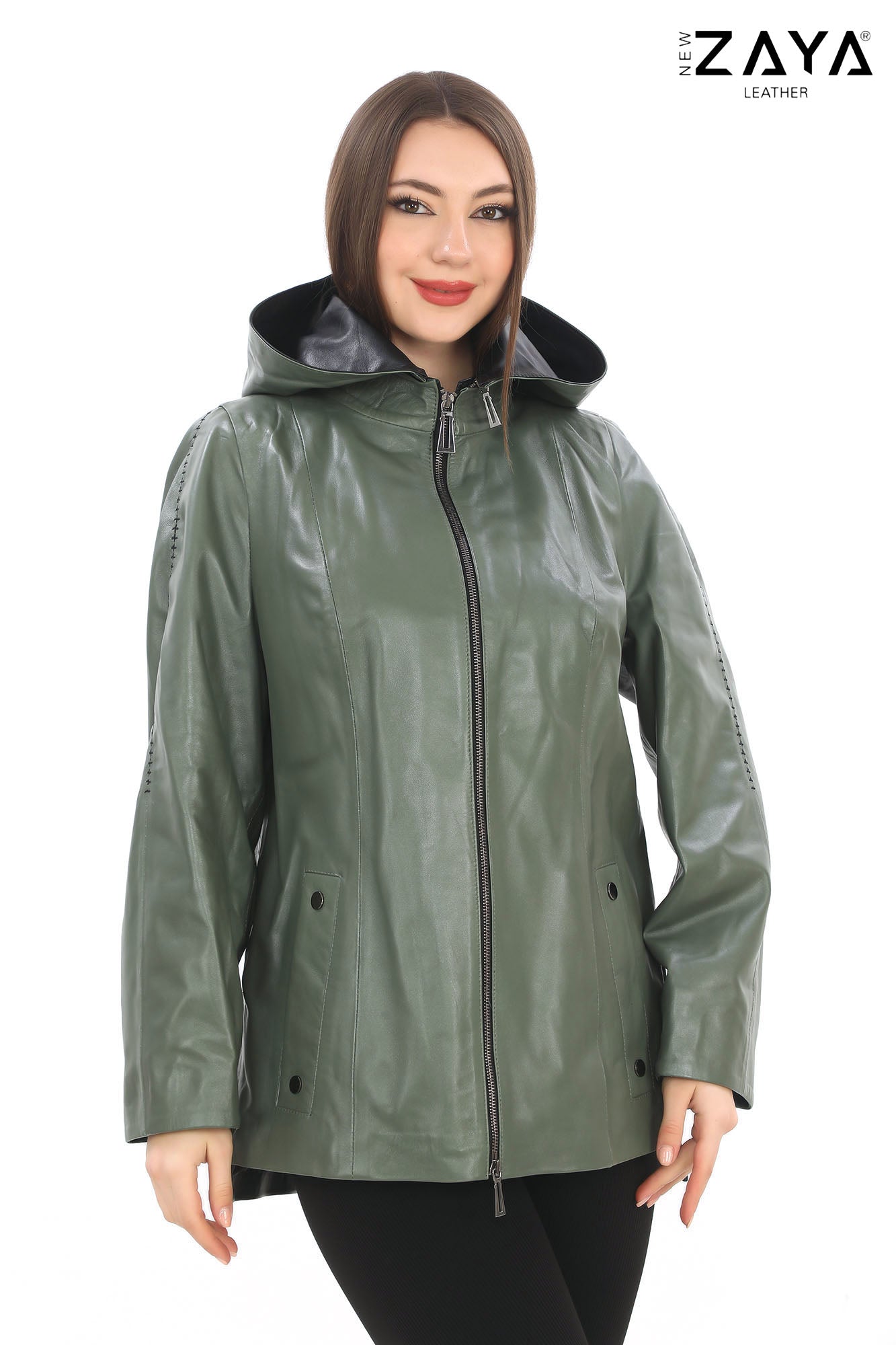 Udine Genuine Lambskin Khaki Leather Jacket with Snap Button Pockets