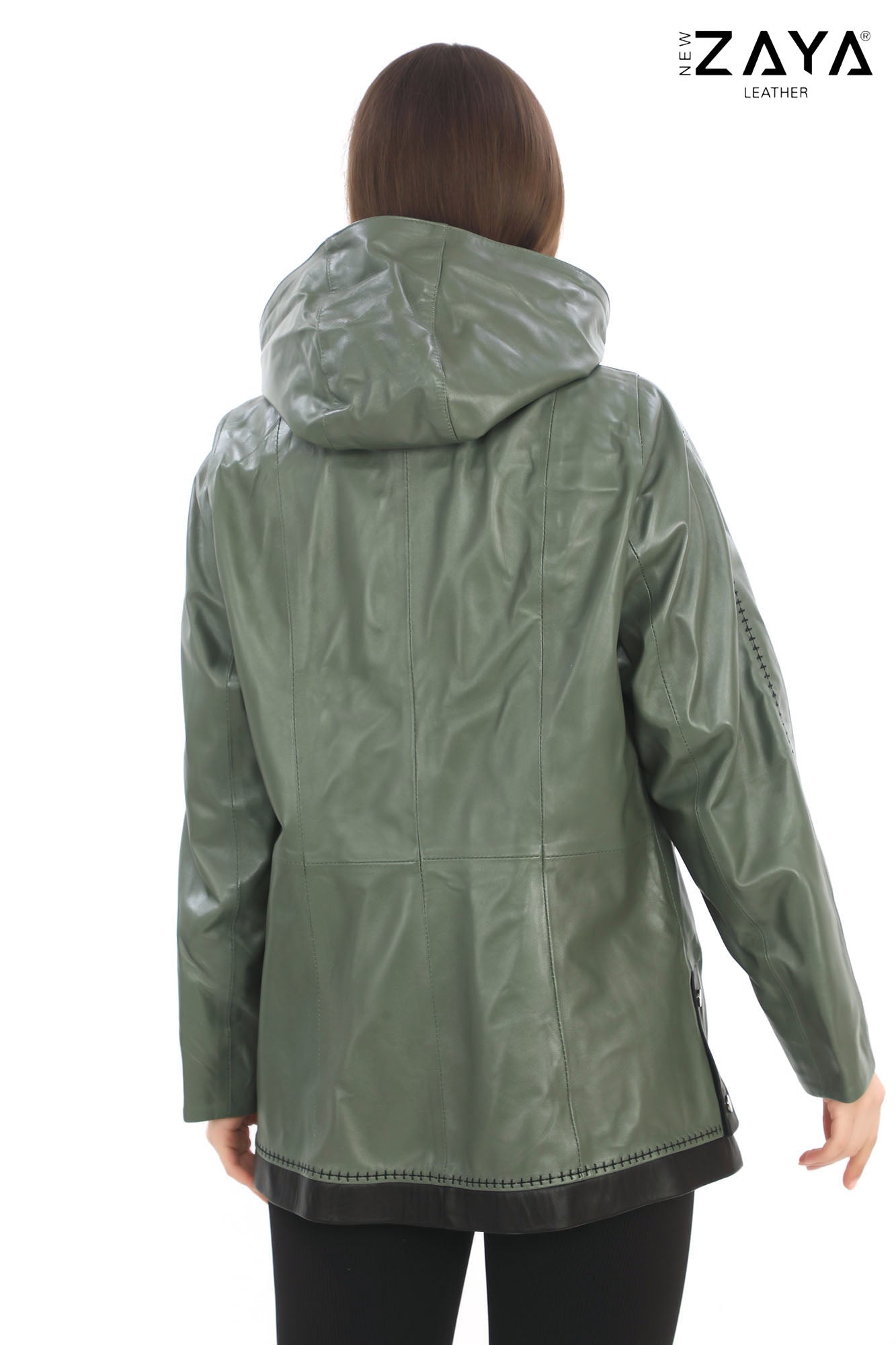 Udine Genuine Lambskin Khaki Leather Jacket with Snap Button Pockets