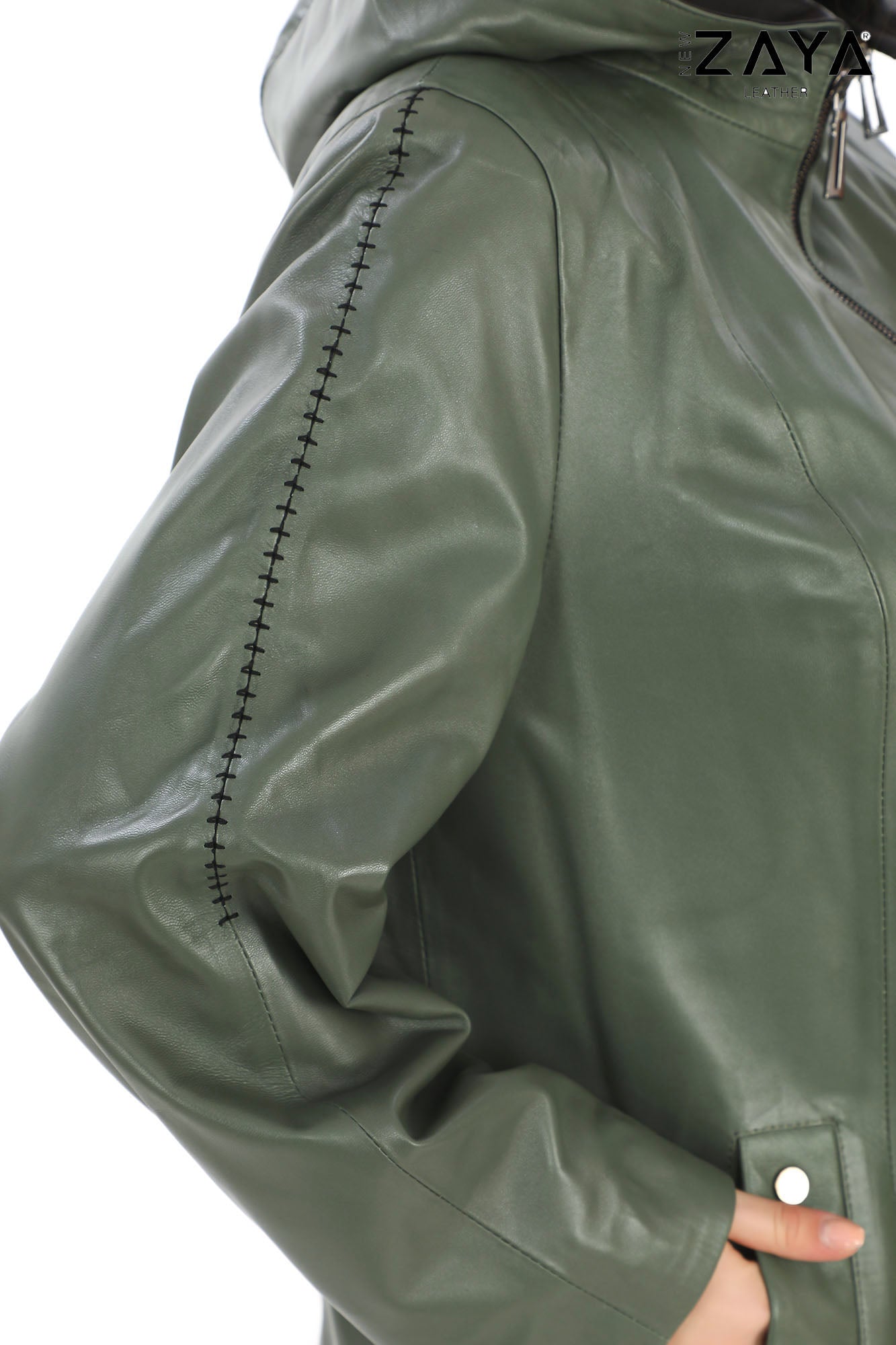 Udine Genuine Lambskin Khaki Leather Jacket with Snap Button Pockets