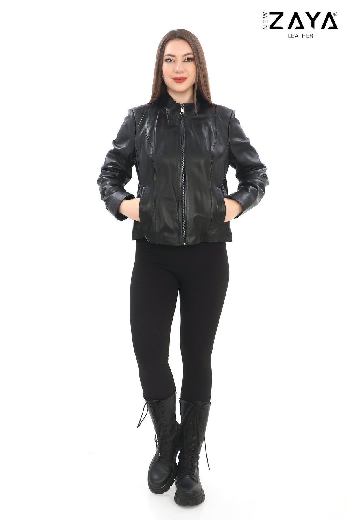 Virella Women’s Black Genuine Leather Jacket with Stand Collar
