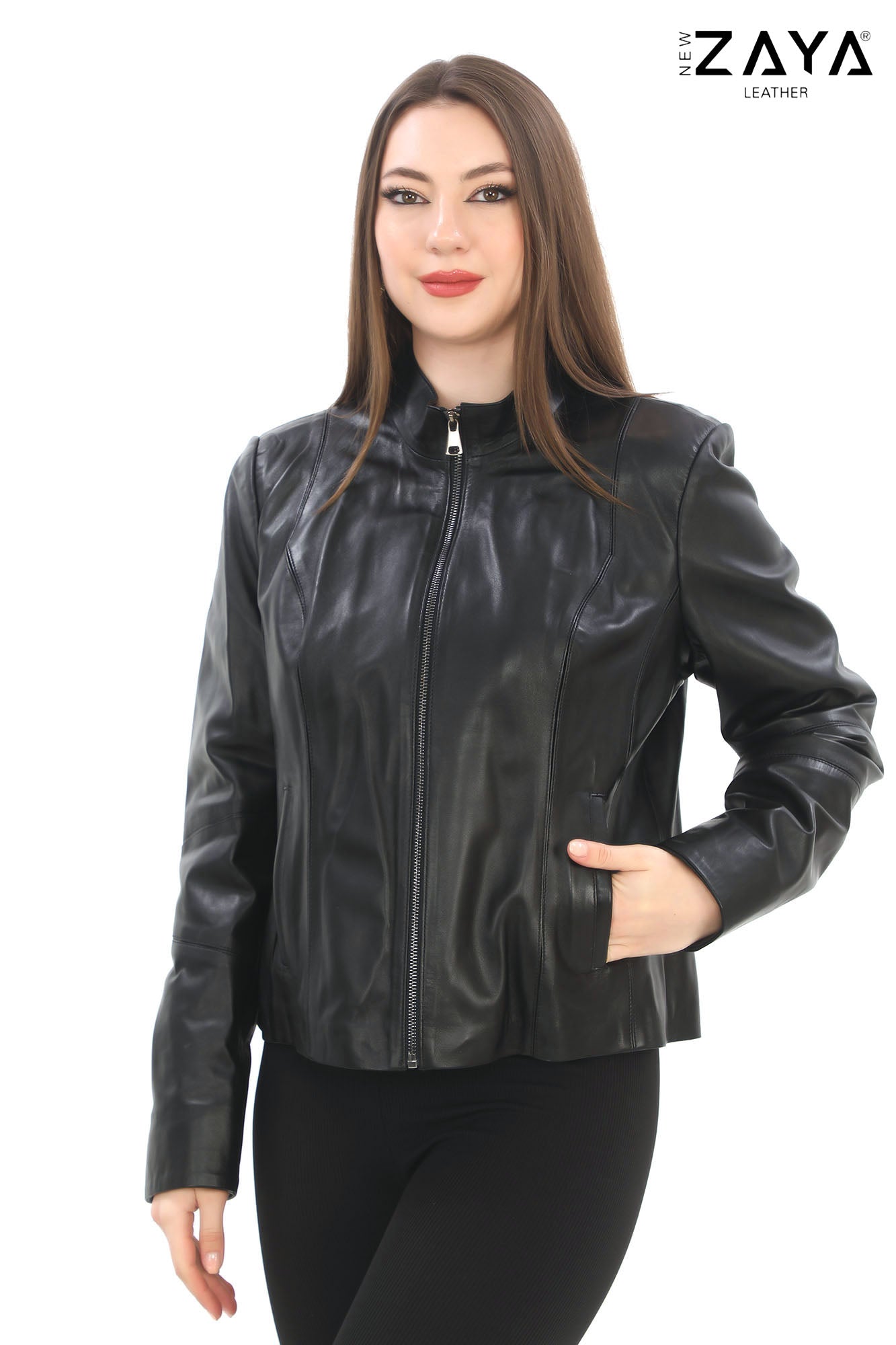 Virella Women’s Black Genuine Leather Jacket with Stand Collar