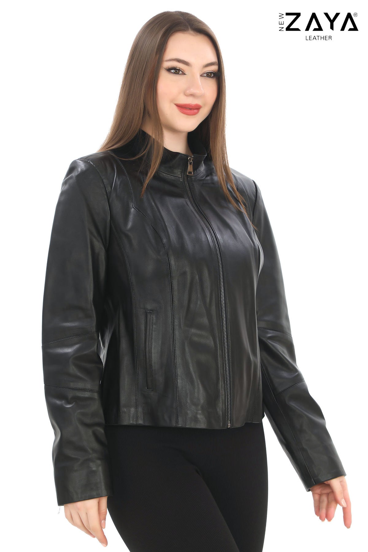 Virella Women’s Black Genuine Leather Jacket with Stand Collar