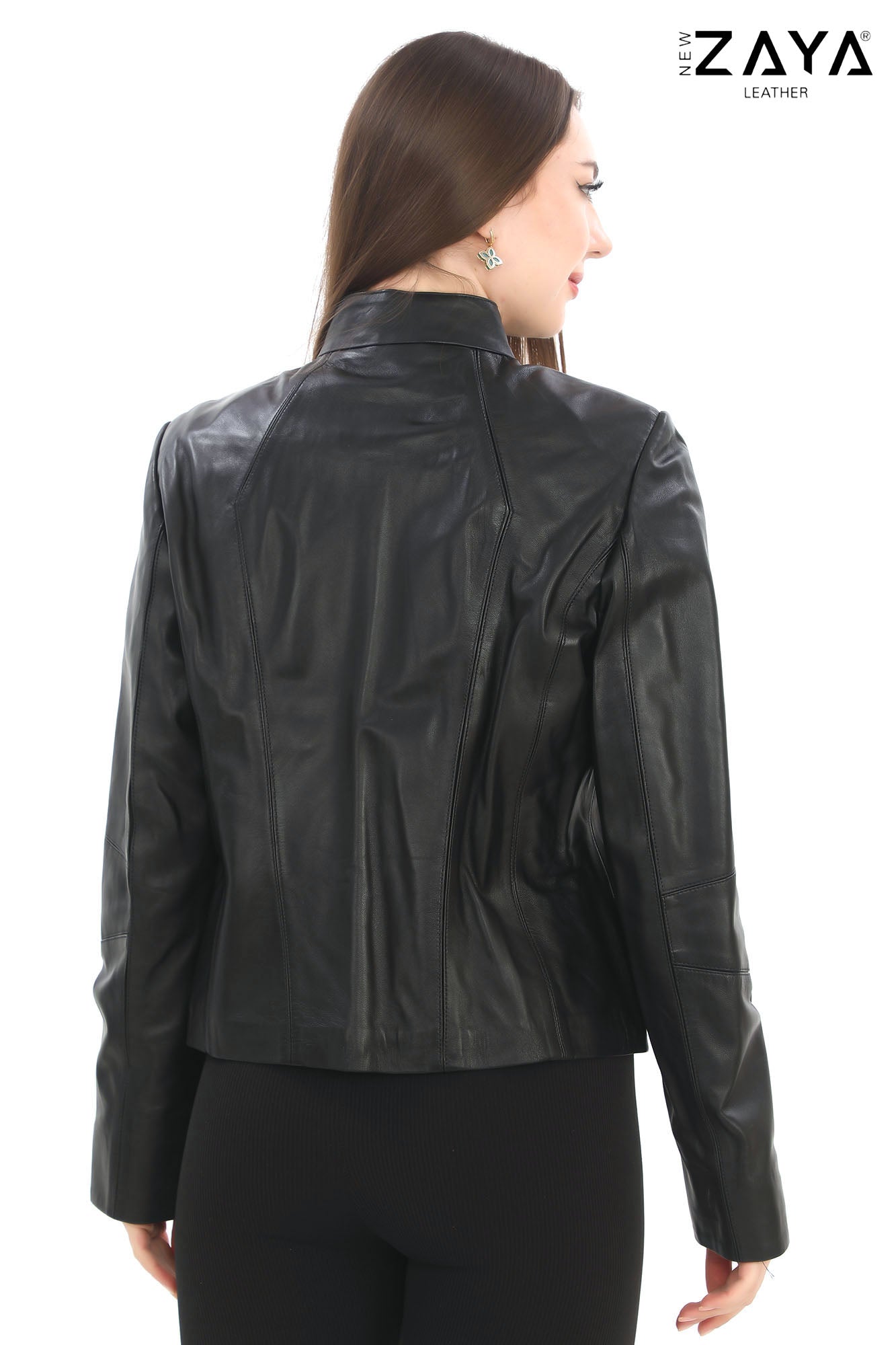 Virella Women’s Black Genuine Leather Jacket with Stand Collar