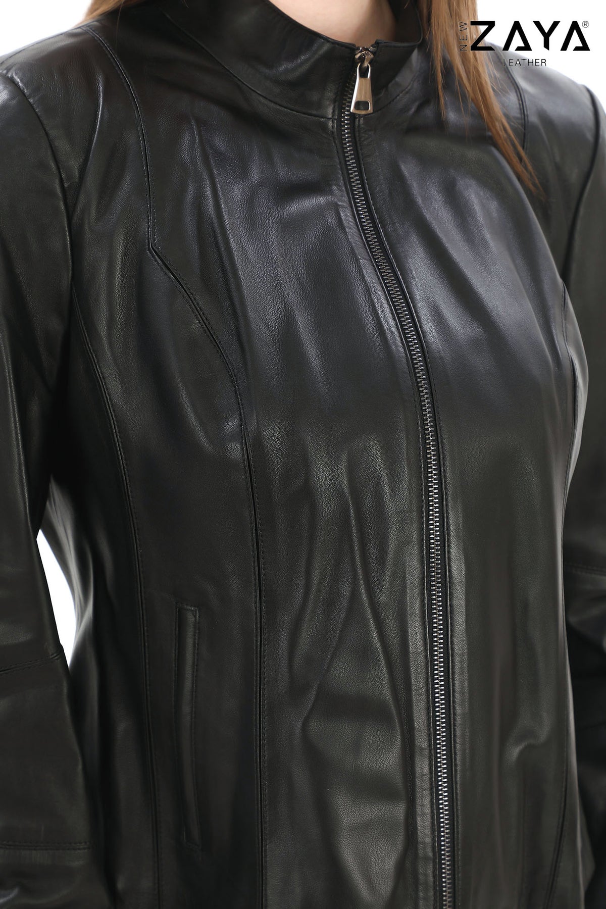 Virella Women’s Black Genuine Leather Jacket with Stand Collar