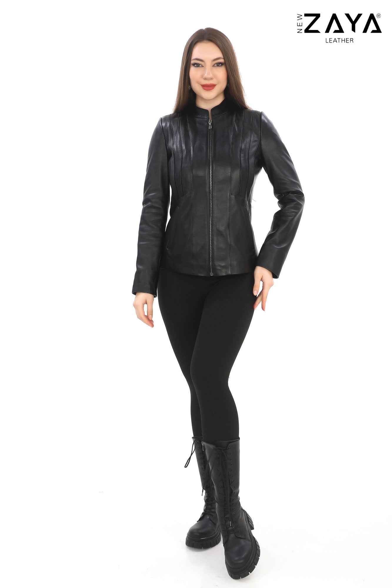 SADERNES Black Women’s Genuine Lamb Leather Jacket with Stand Collar