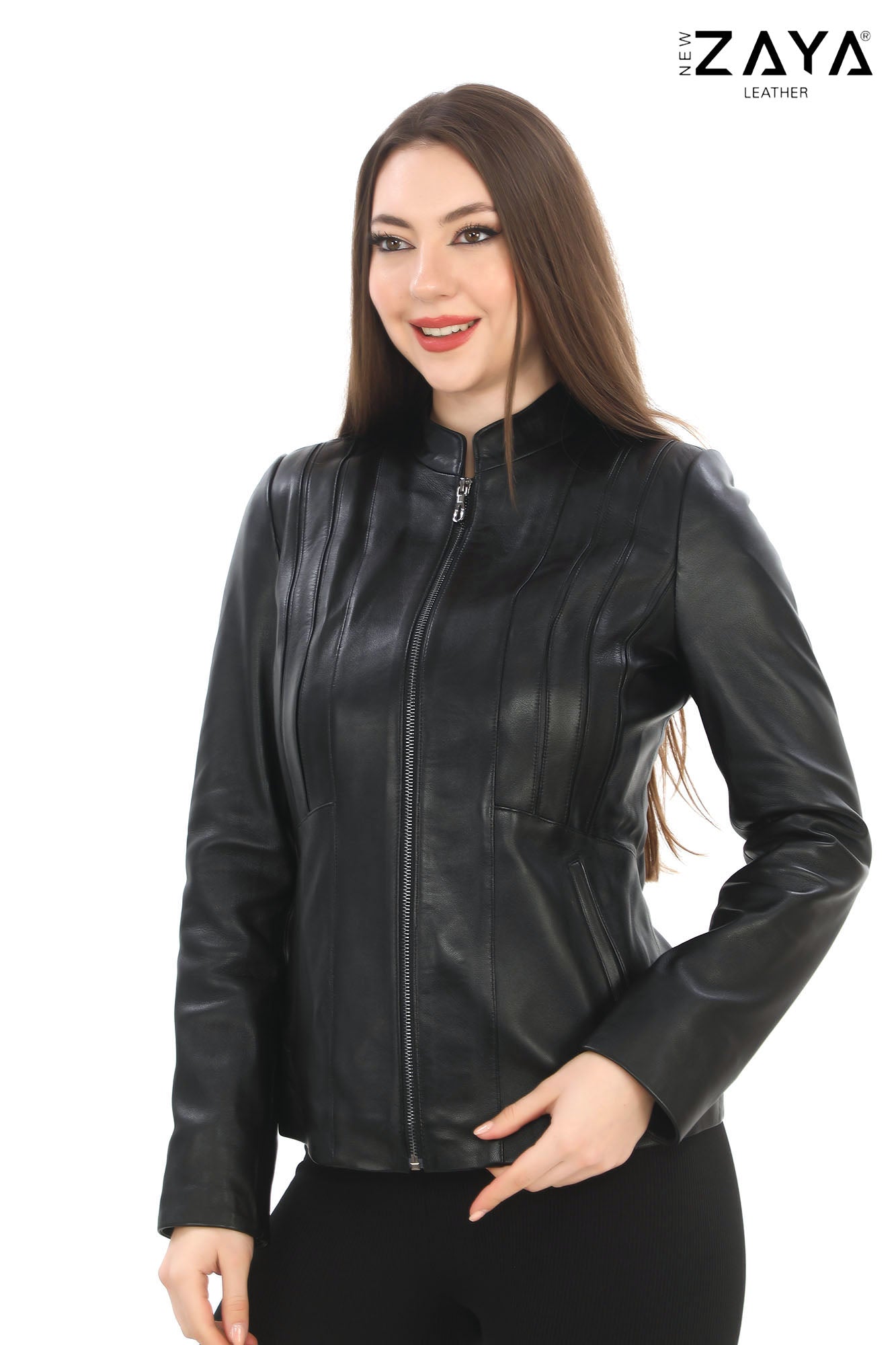 SADERNES Black Women’s Genuine Lamb Leather Jacket with Stand Collar