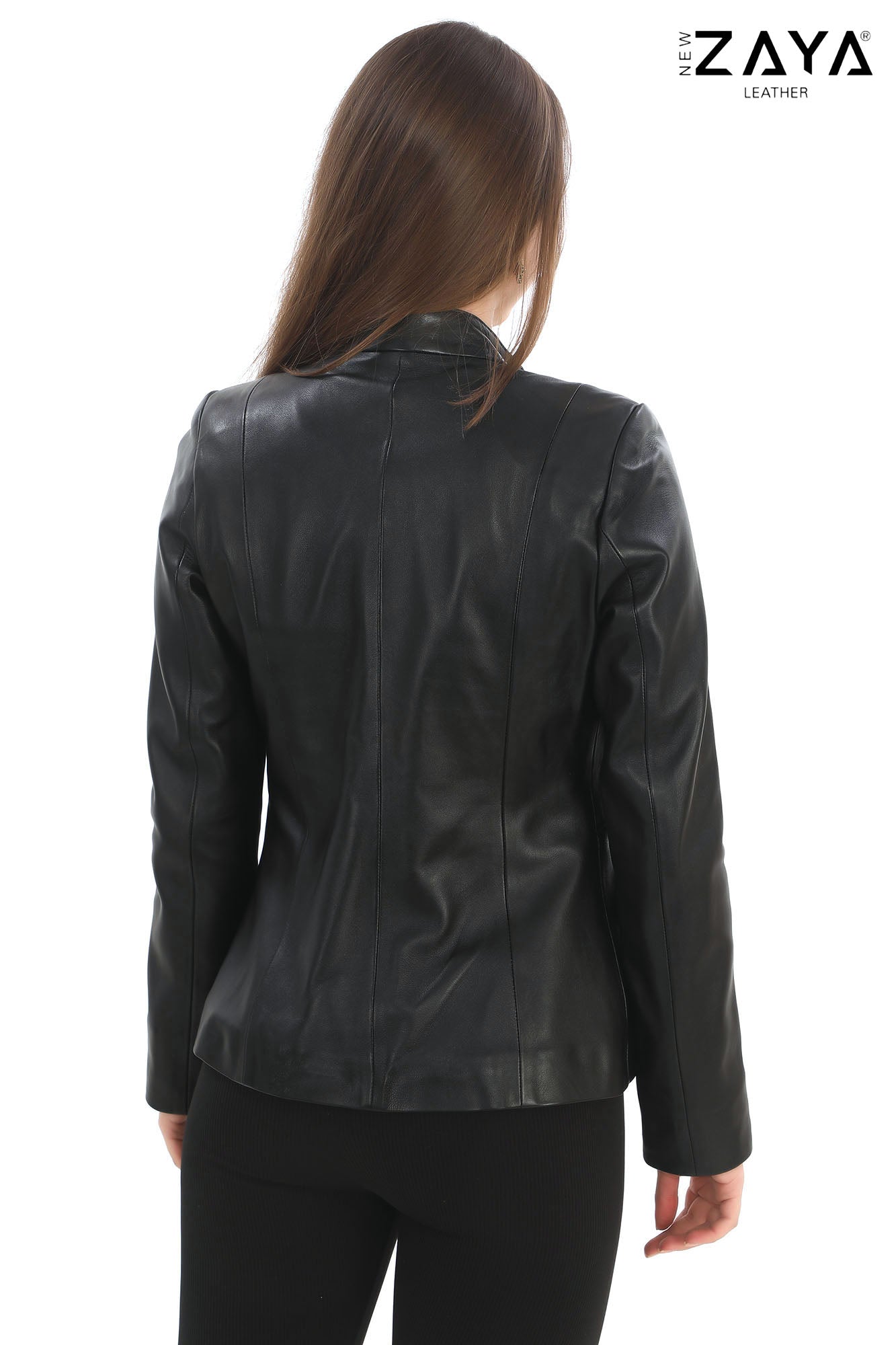 SADERNES Black Women’s Genuine Lamb Leather Jacket with Stand Collar