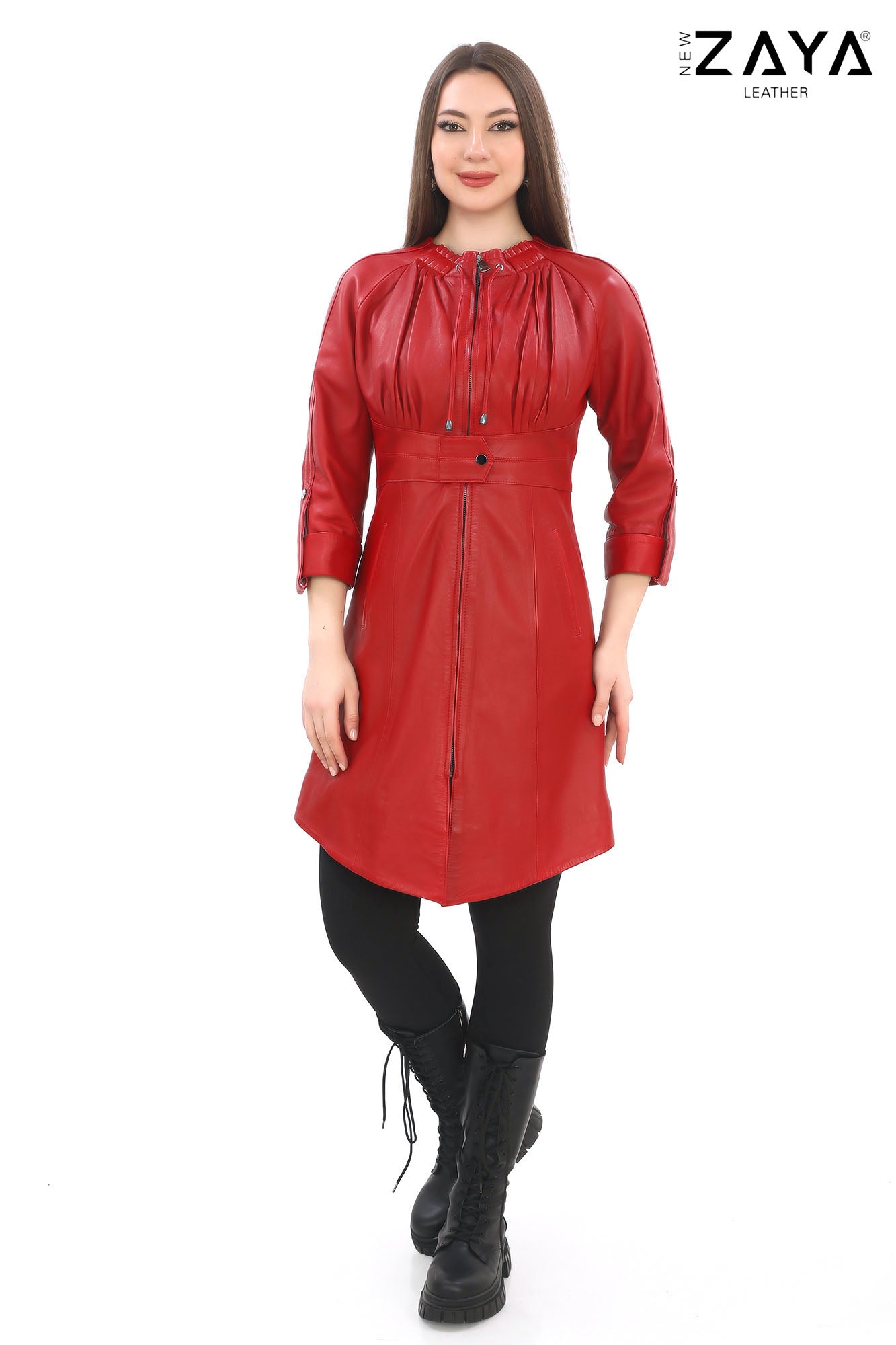 Calyra Genuine Lambskin Crimson Red Leather Trench with Ruched Collar and Sculpted Waist