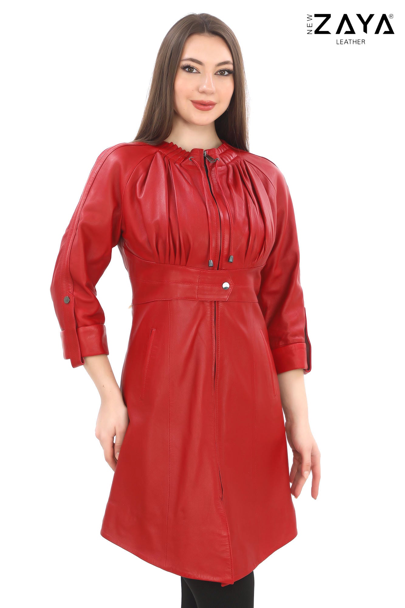 Calyra Genuine Lambskin Crimson Red Leather Trench with Ruched Collar and Sculpted Waist