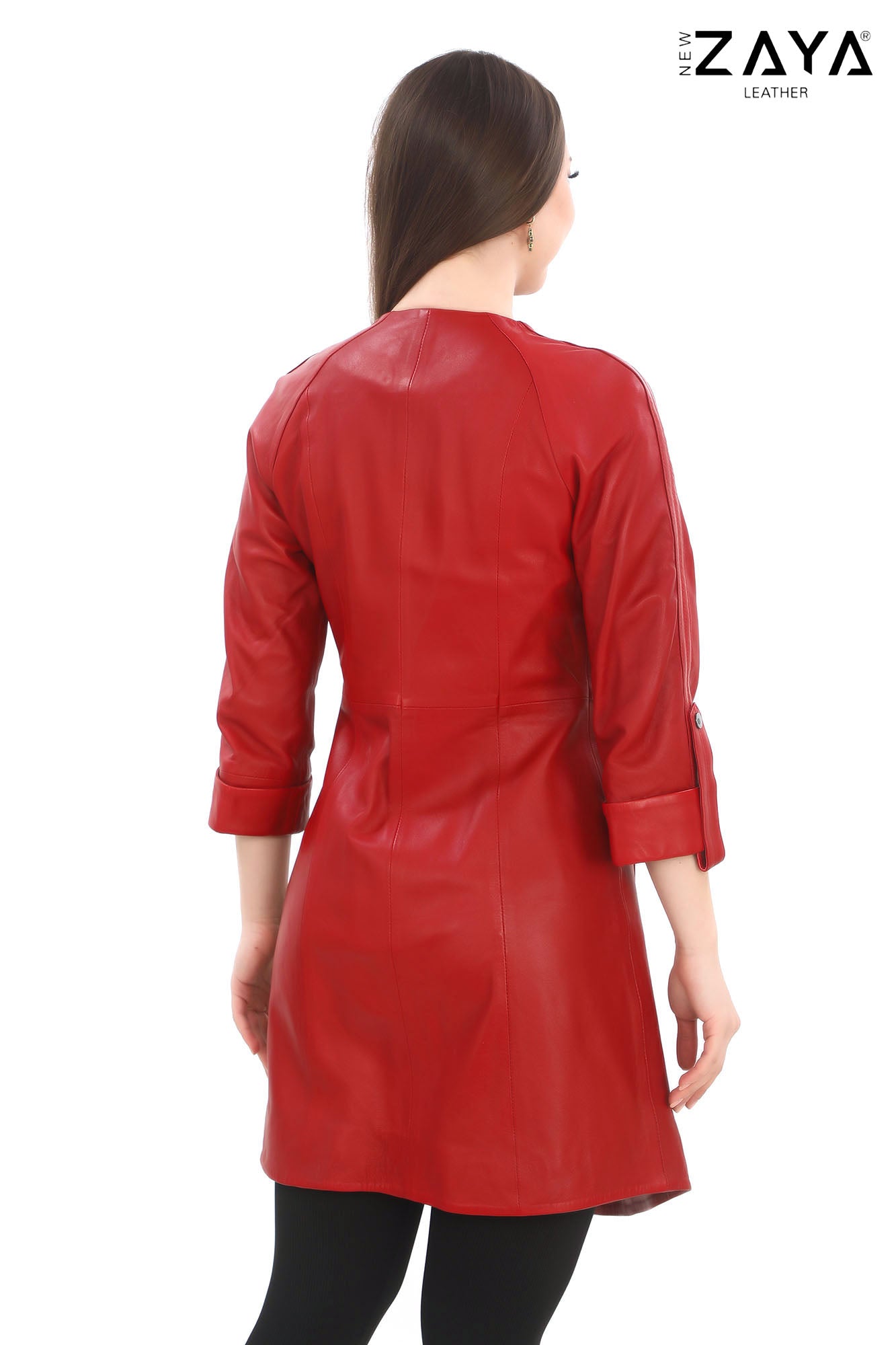 Calyra Genuine Lambskin Crimson Red Leather Trench with Ruched Collar and Sculpted Waist