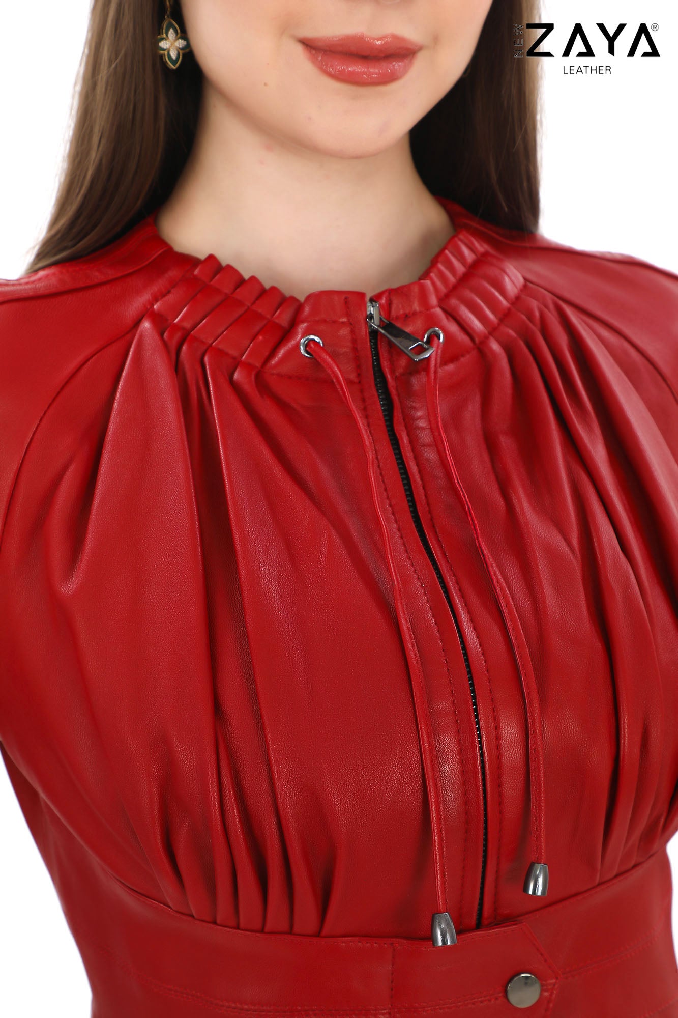 Calyra Genuine Lambskin Crimson Red Leather Trench with Ruched Collar and Sculpted Waist