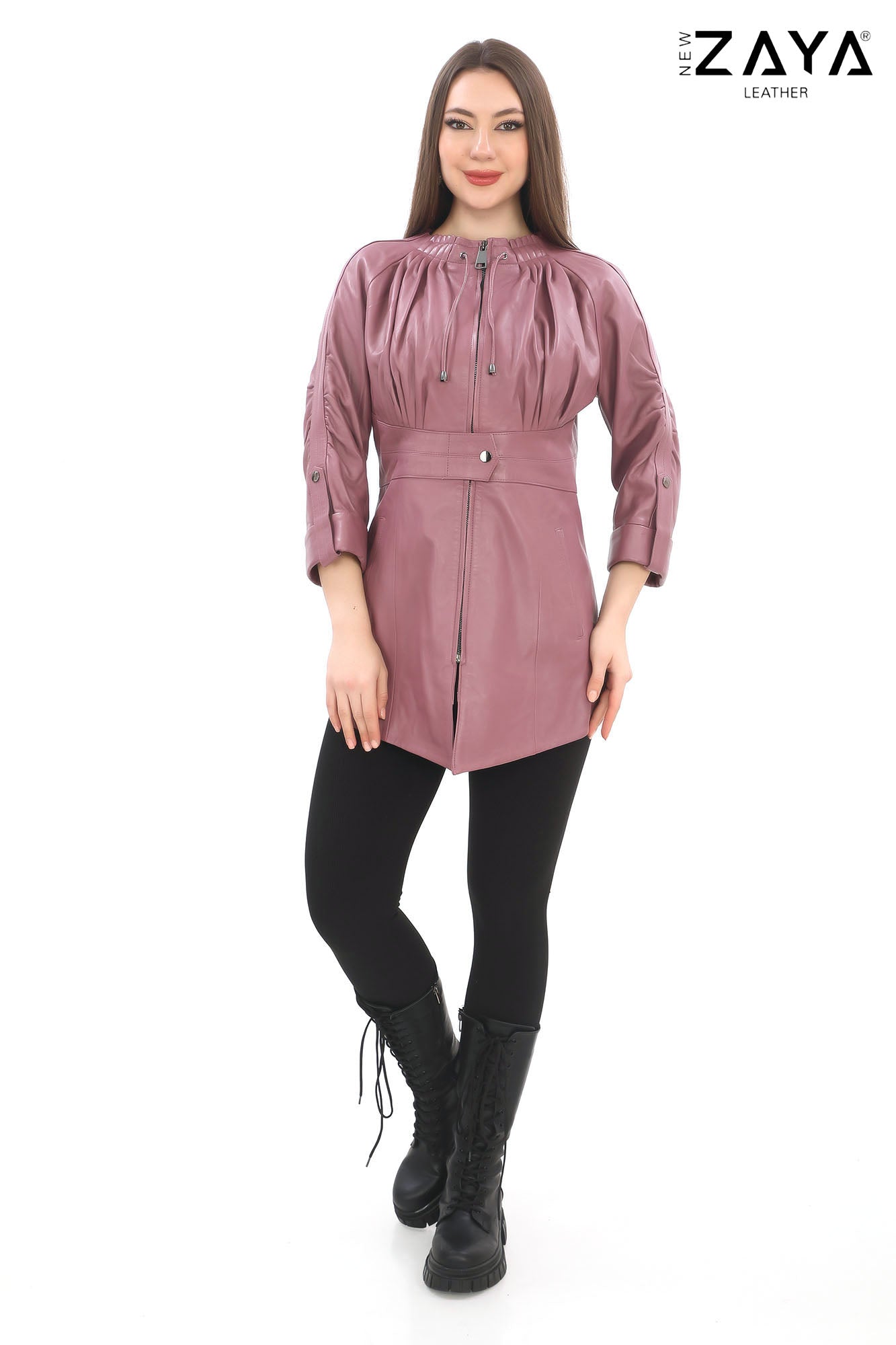 Roselle Genuine Lambskin Dusty Rose Leather Jacket with Ruched Collar and Sculpted Waist