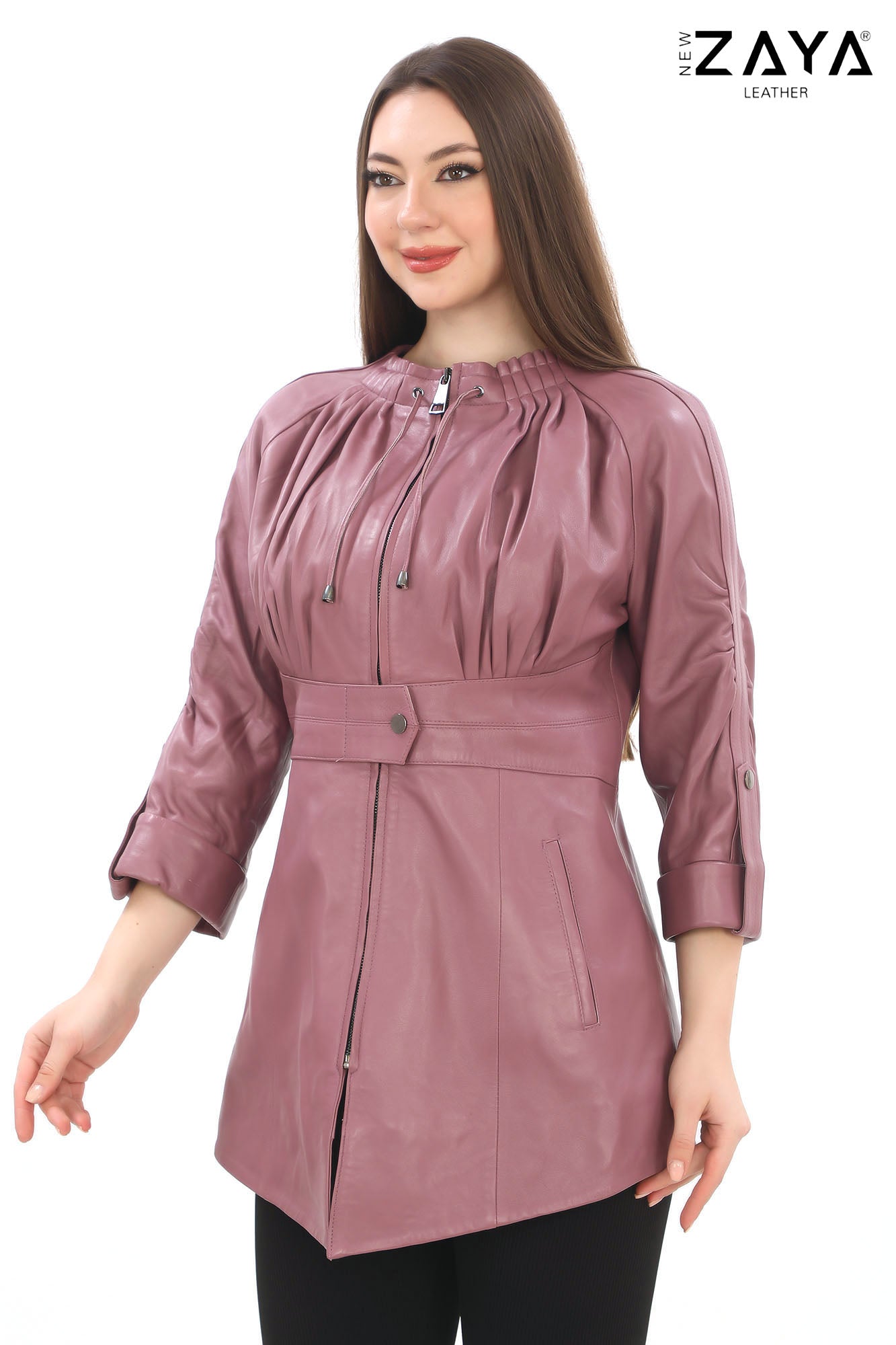 Roselle Genuine Lambskin Dusty Rose Leather Jacket with Ruched Collar and Sculpted Waist