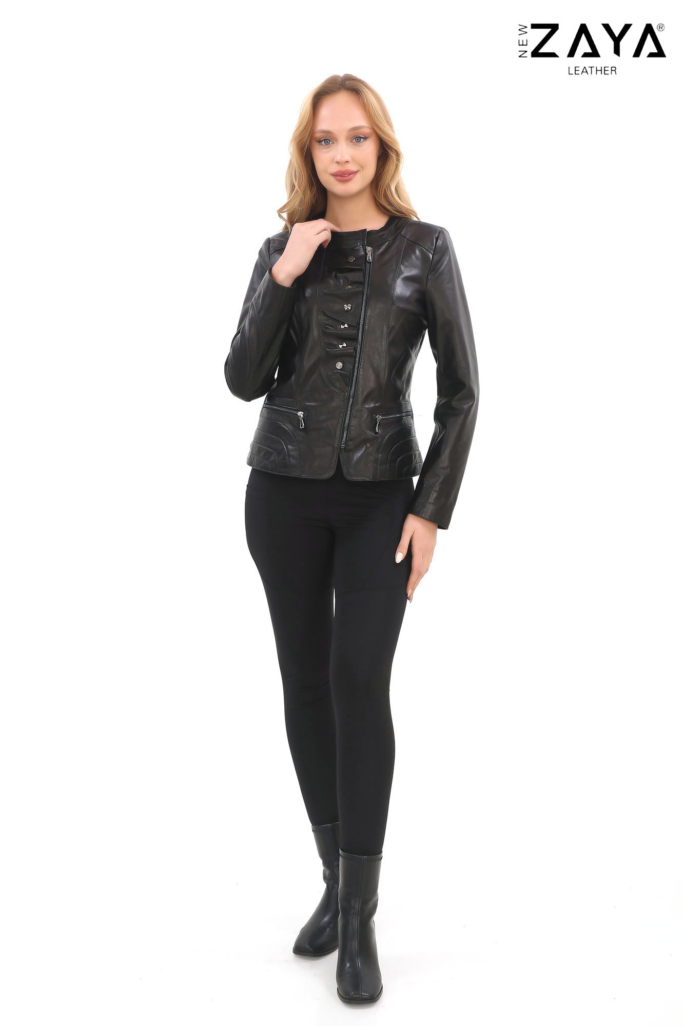 FLORA BLACK GENUINE LEATHER RUFFLE DETAILED ASYMMETRICAL JACKET
