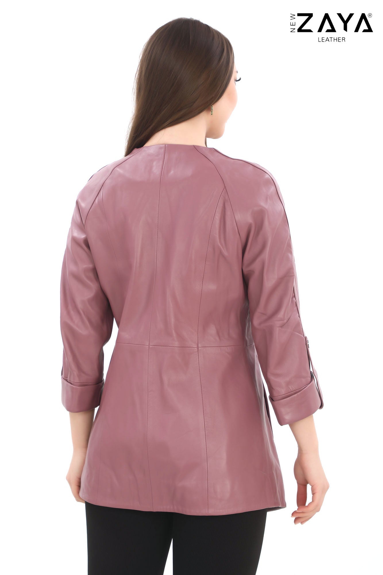 Roselle Genuine Lambskin Dusty Rose Leather Jacket with Ruched Collar and Sculpted Waist