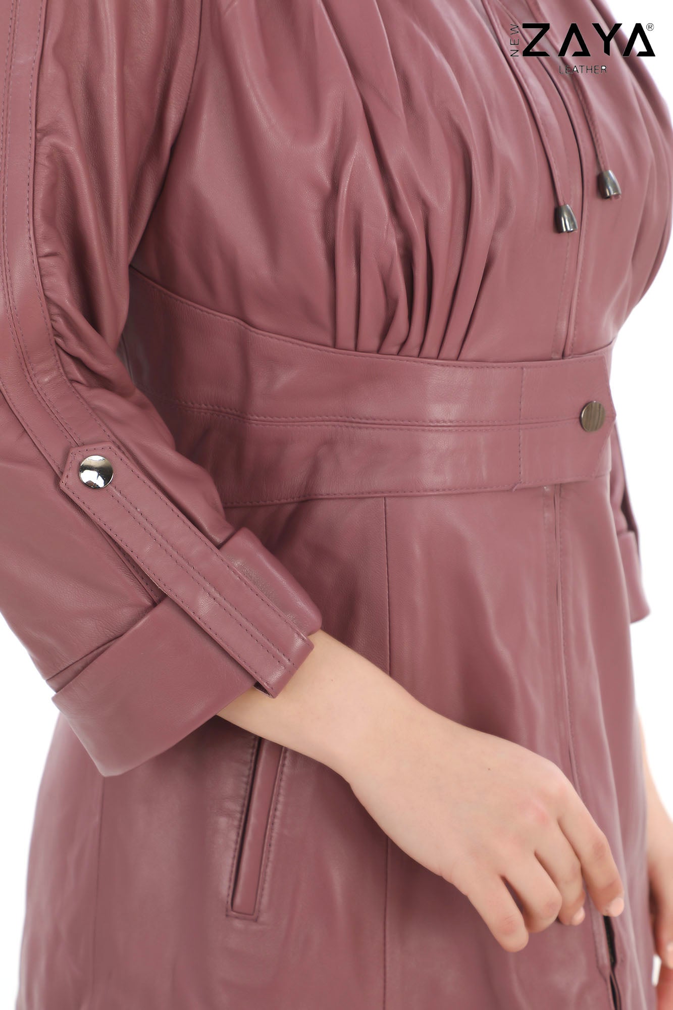 Roselle Genuine Lambskin Dusty Rose Leather Jacket with Ruched Collar and Sculpted Waist