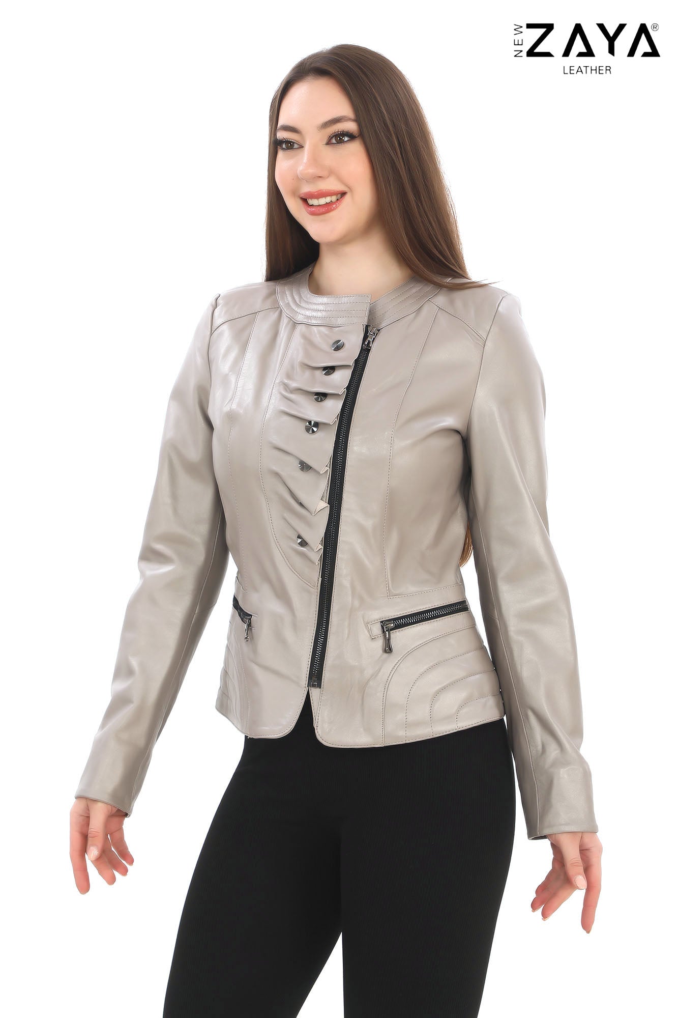 FLORA BEIGE GENUINE LEATHER RUFFLE DETAILED ASYMMETRICAL JACKET