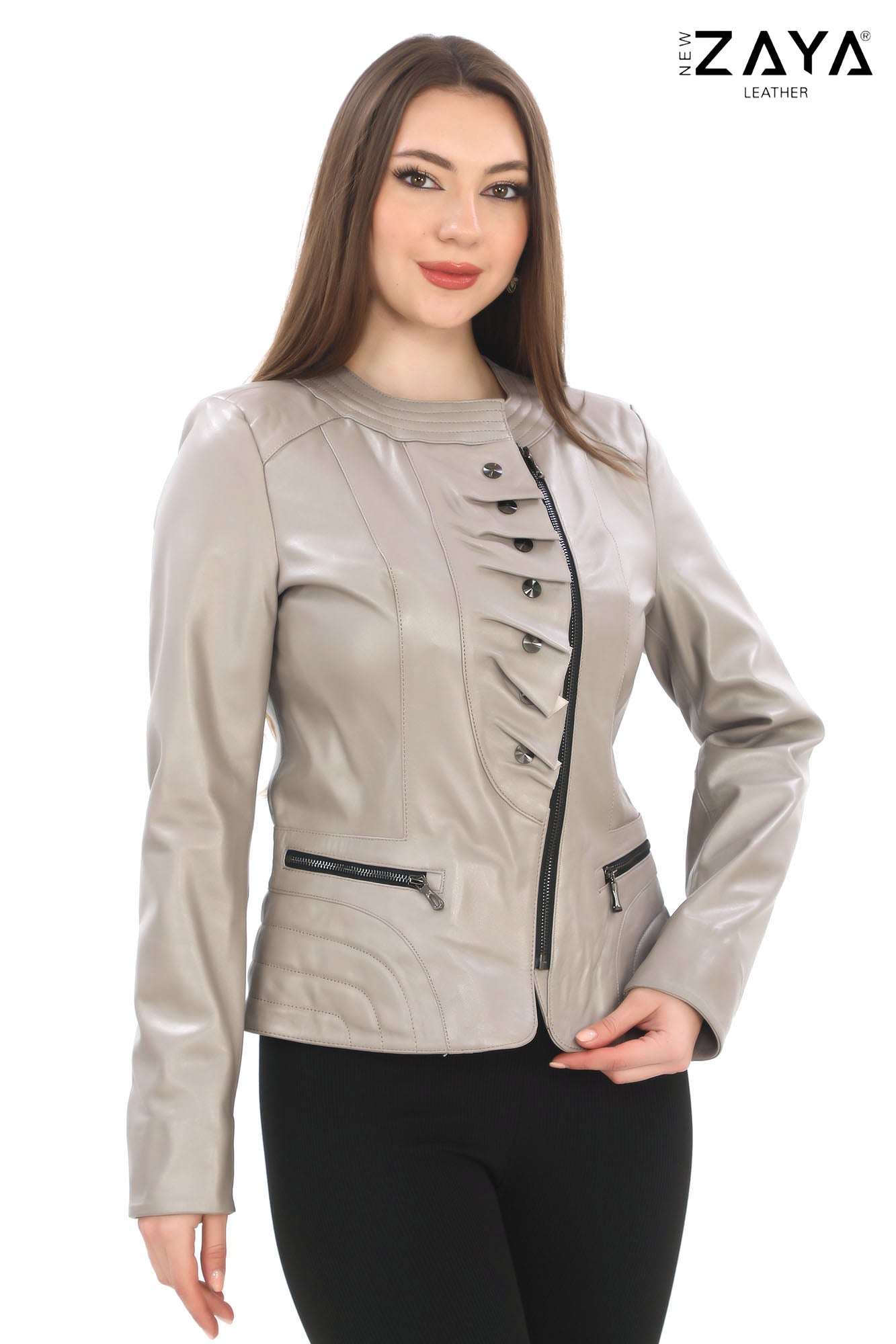 FLORA BEIGE GENUINE LEATHER RUFFLE DETAILED ASYMMETRICAL JACKET