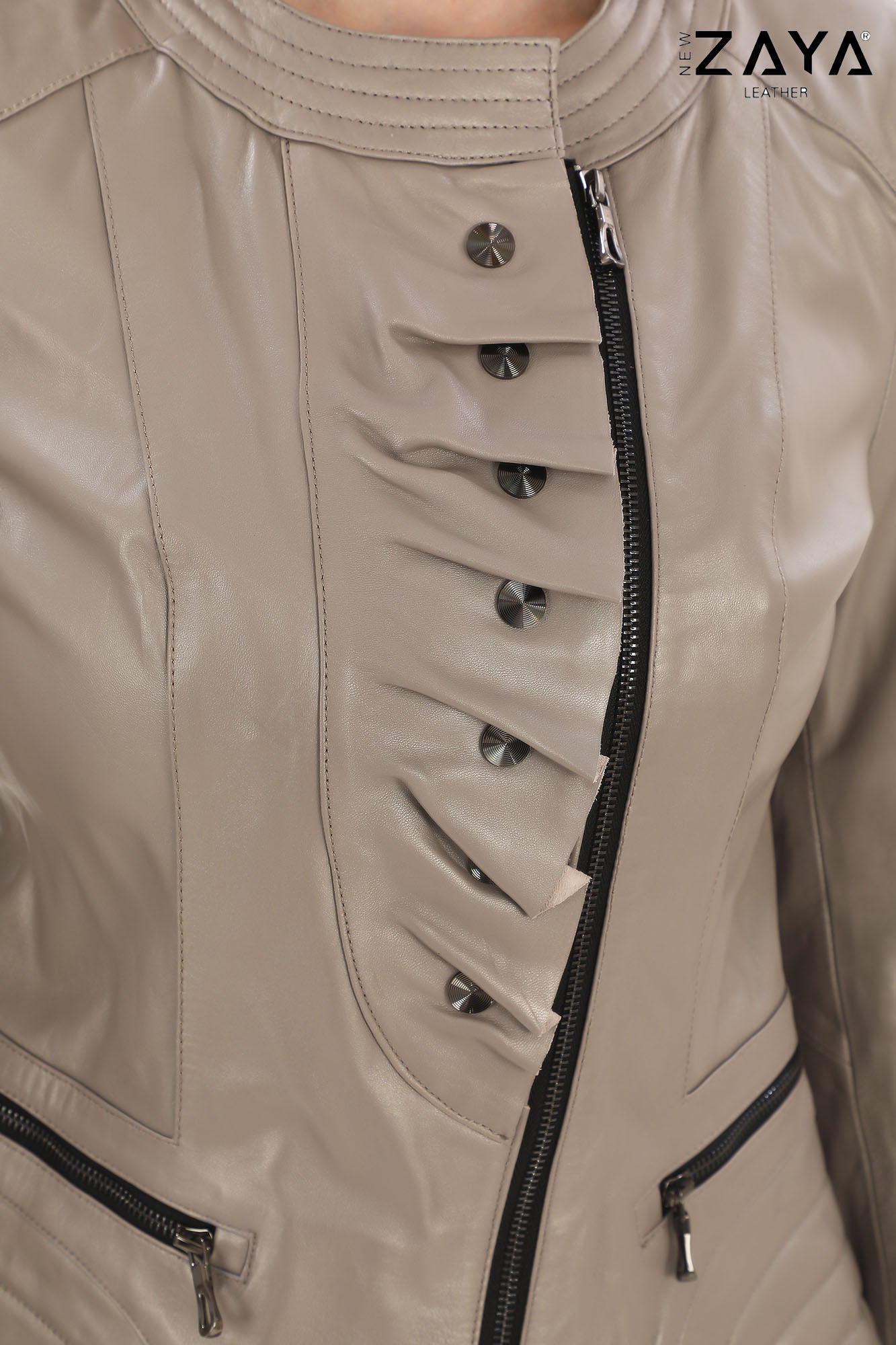 FLORA BEIGE GENUINE LEATHER RUFFLE DETAILED ASYMMETRICAL JACKET