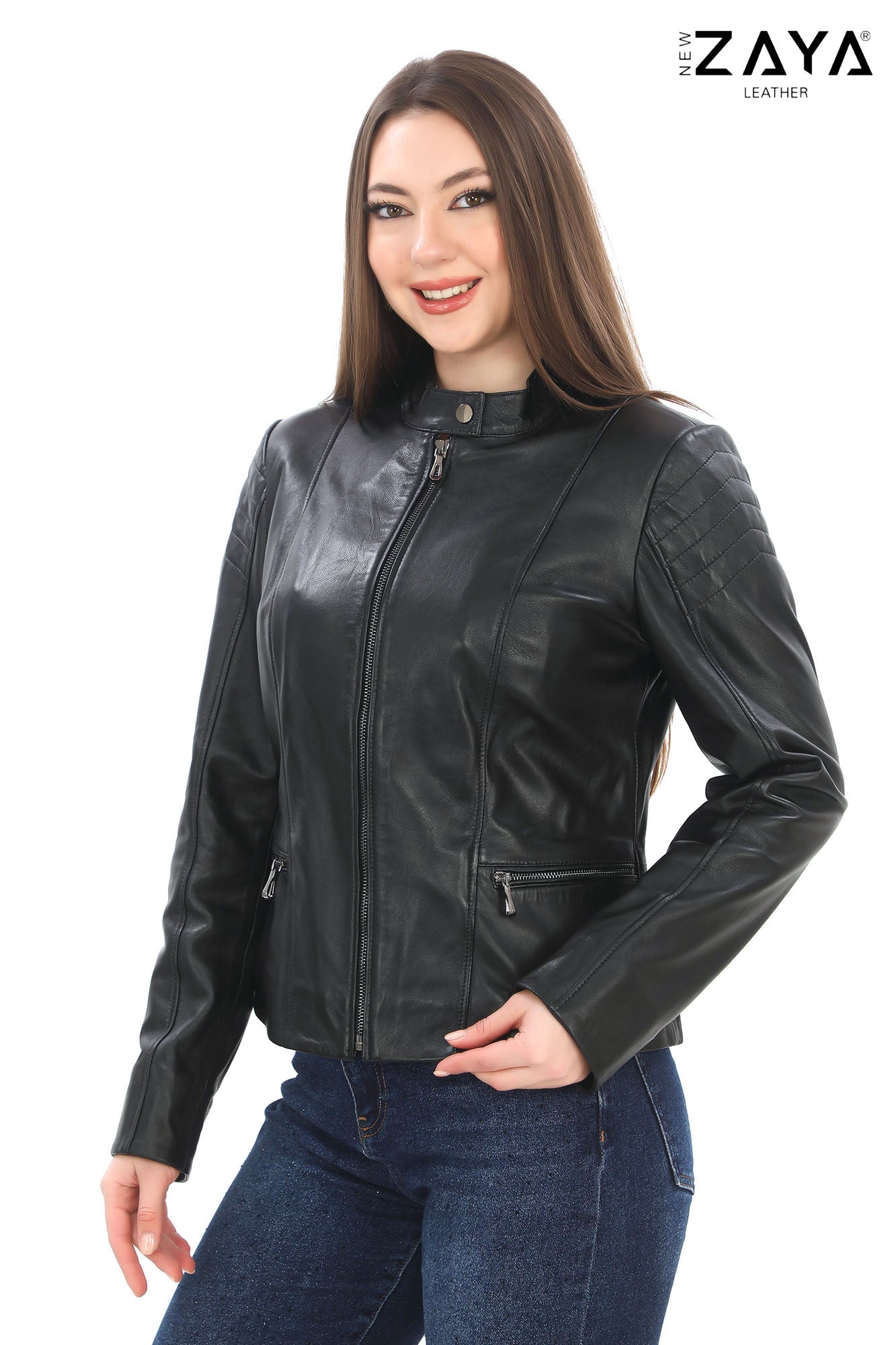LUNARA NOIR – Quilted Shoulder Leather Jacket
