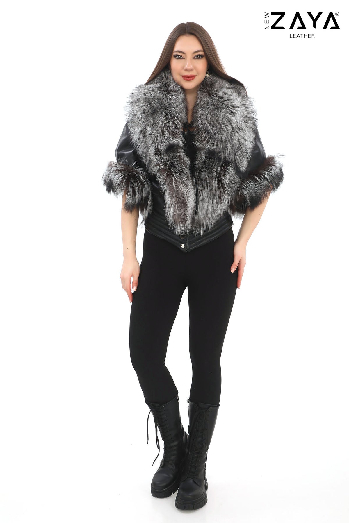 NOIR ÉLÉGANCE Women’s Black Leather Jacket with Silver Fox Fur