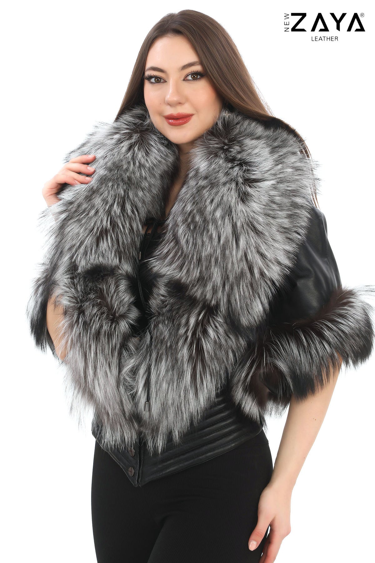 NOIR ÉLÉGANCE Women’s Black Leather Jacket with Silver Fox Fur