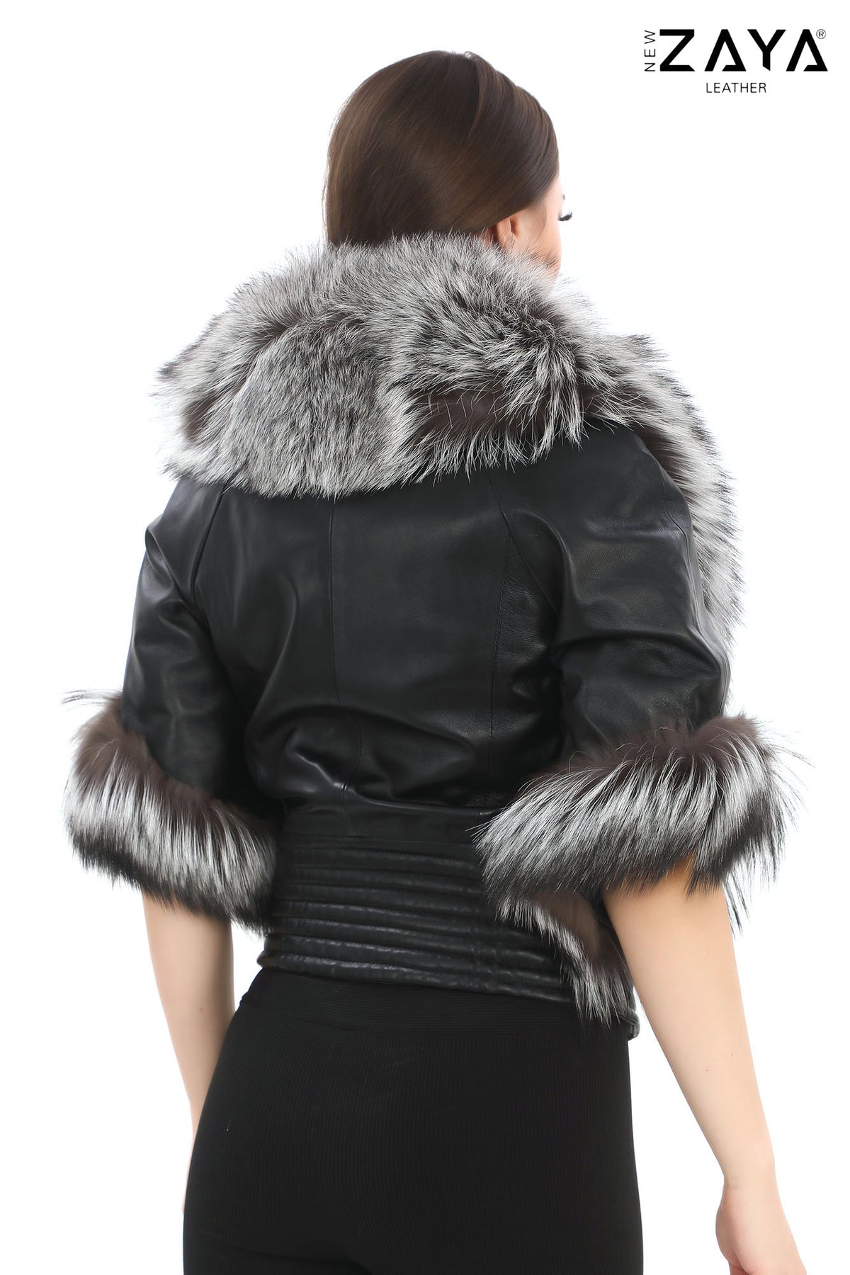NOIR ÉLÉGANCE Women’s Black Leather Jacket with Silver Fox Fur