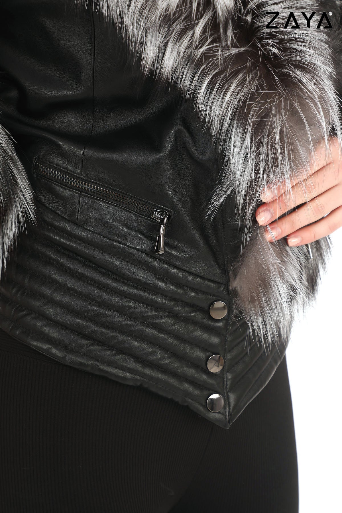 NOIR ÉLÉGANCE Women’s Black Leather Jacket with Silver Fox Fur
