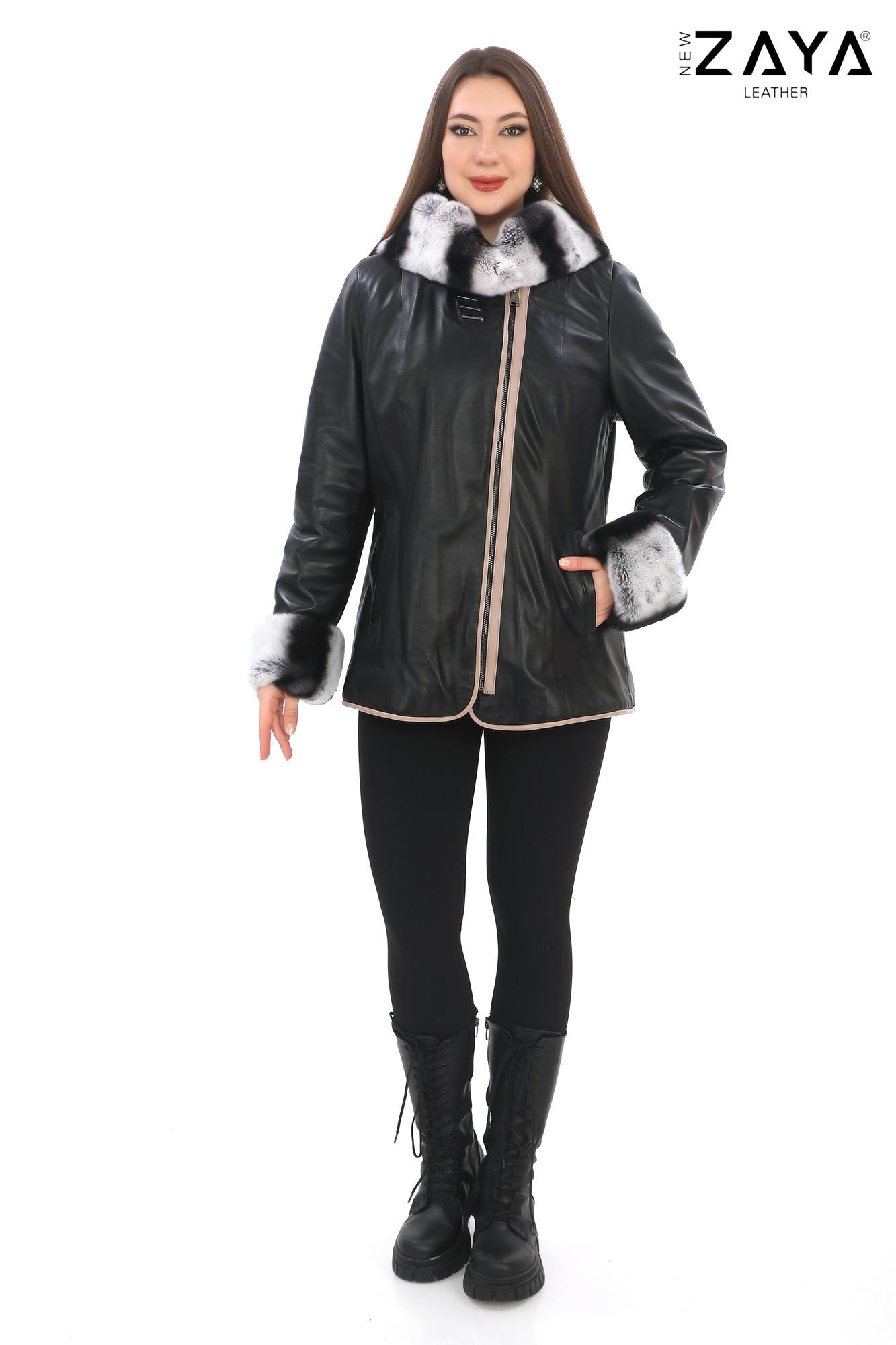 SAVELIA BLACK Fox Fur Trim Lambskin Leather Jacket