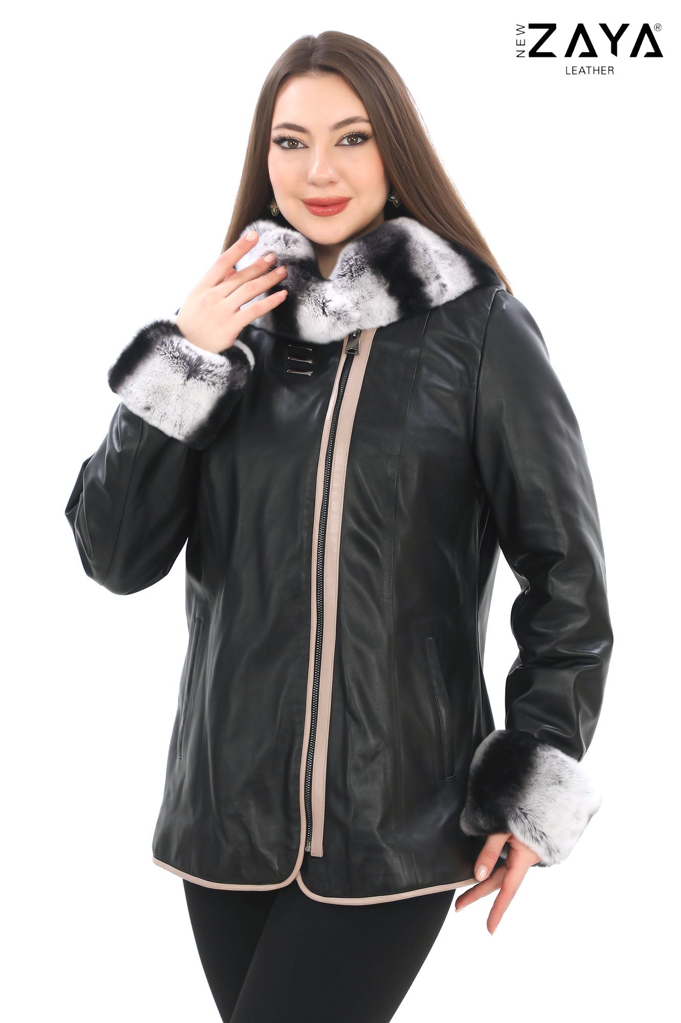 SAVELIA BLACK Fox Fur Trim Lambskin Leather Jacket