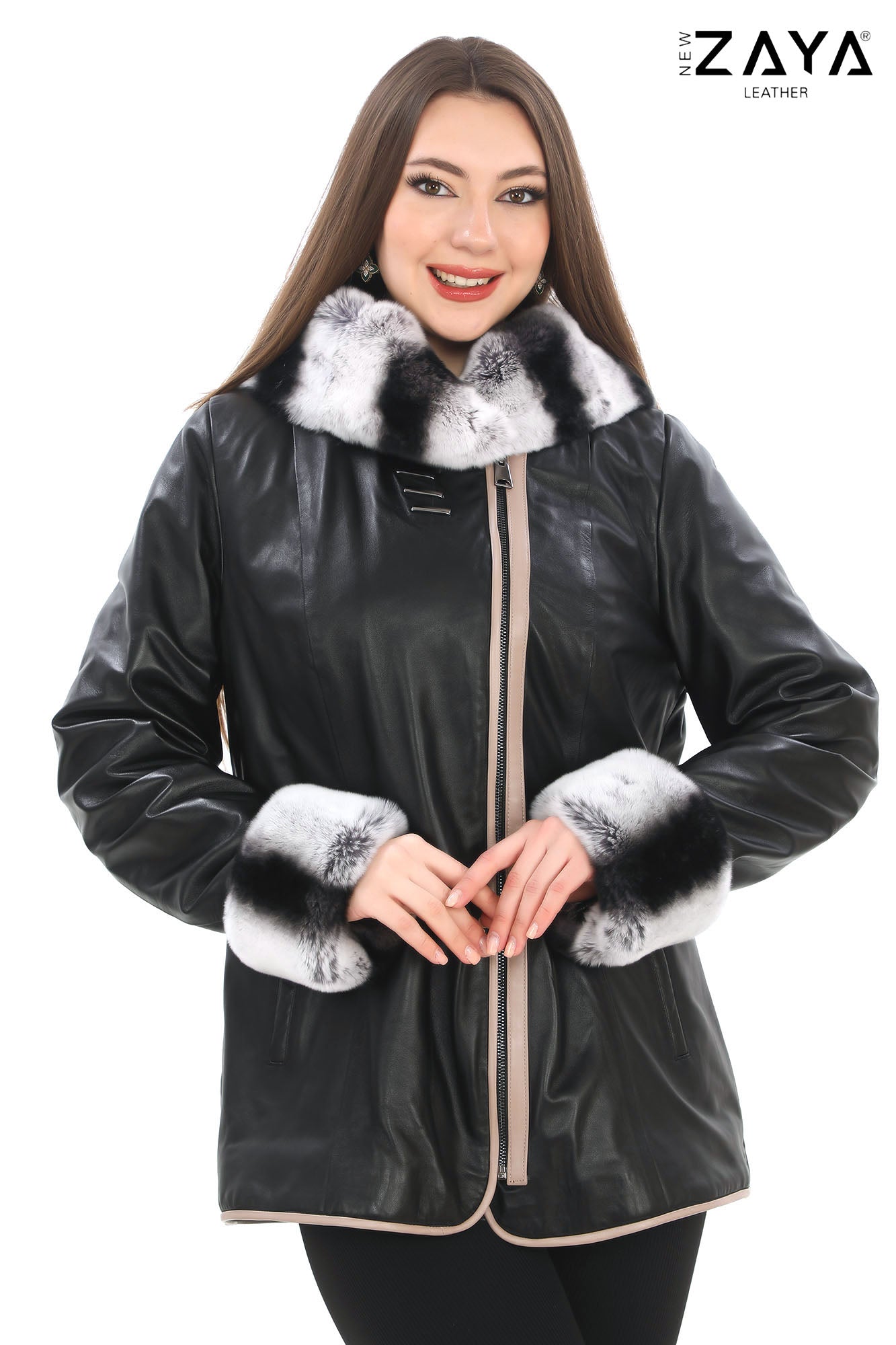SAVELIA BLACK Fox Fur Trim Lambskin Leather Jacket