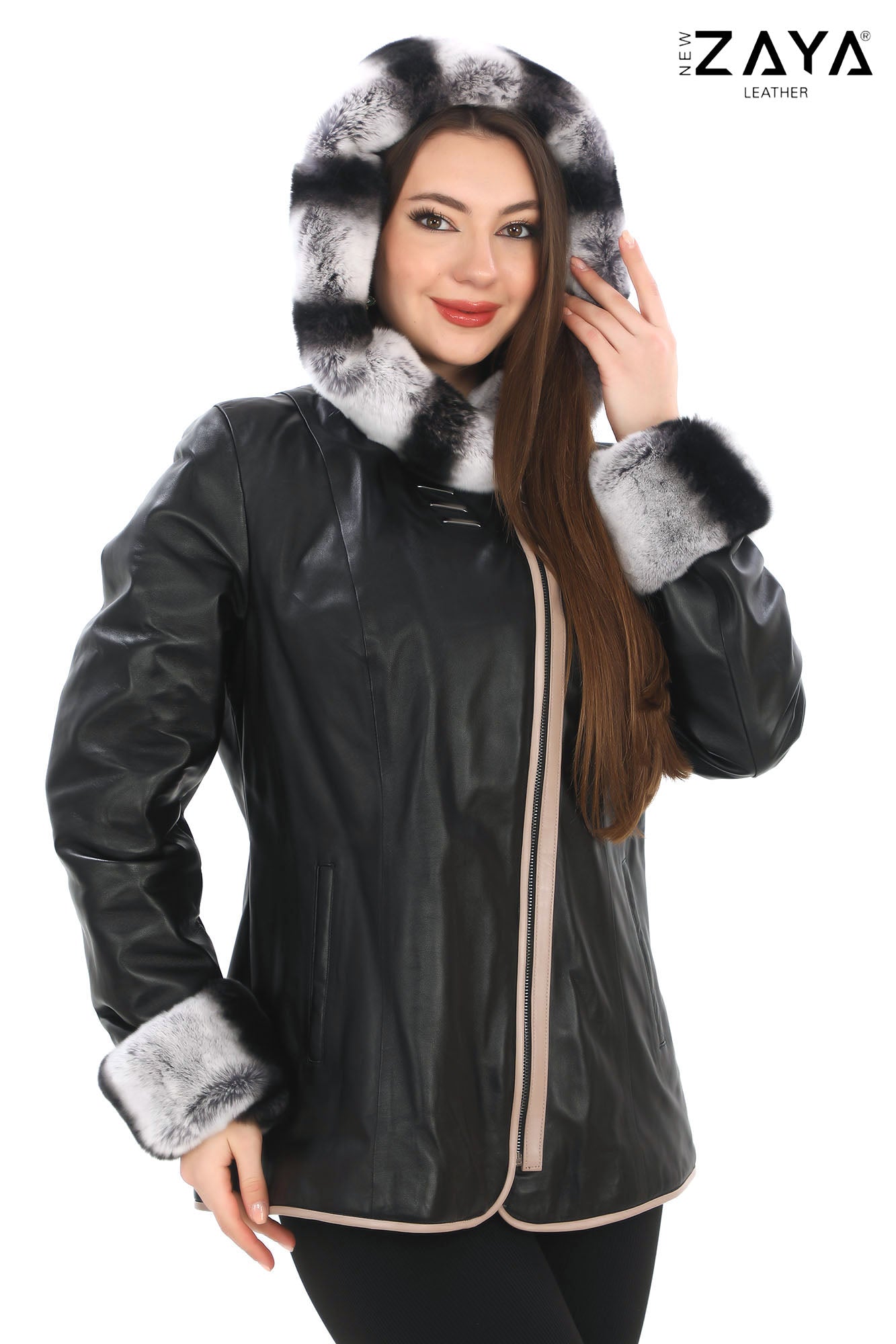 SAVELIA BLACK Fox Fur Trim Lambskin Leather Jacket