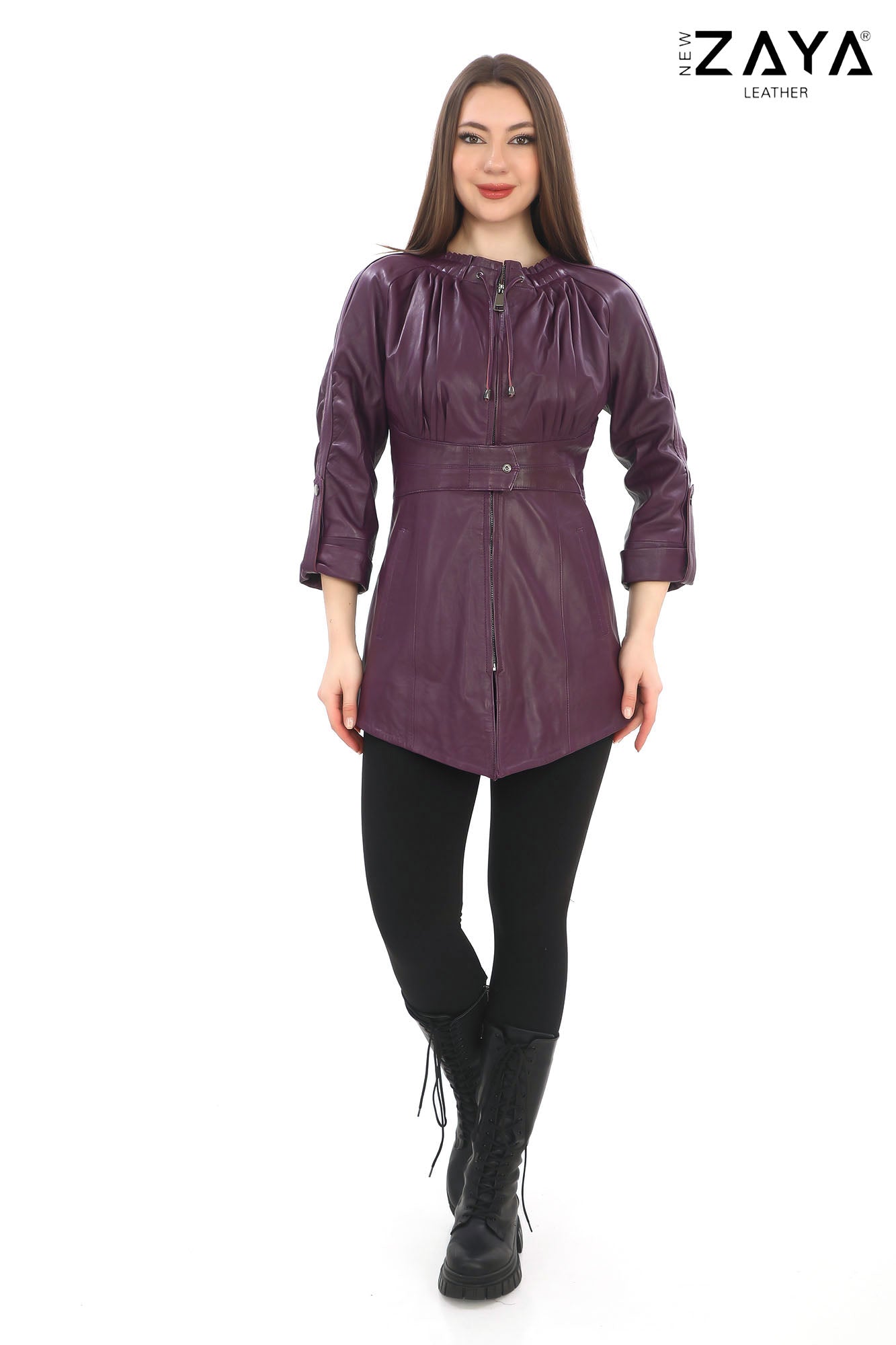 Roselle Genuine Lambskin Purple Leather Jacket with Ruched Collar and Sculpted Waist