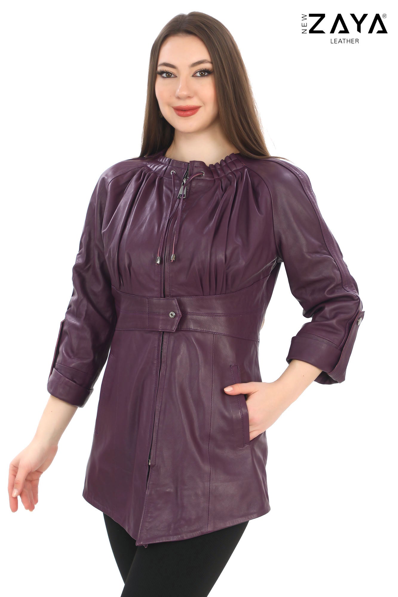Roselle Genuine Lambskin Purple Leather Jacket with Ruched Collar and Sculpted Waist