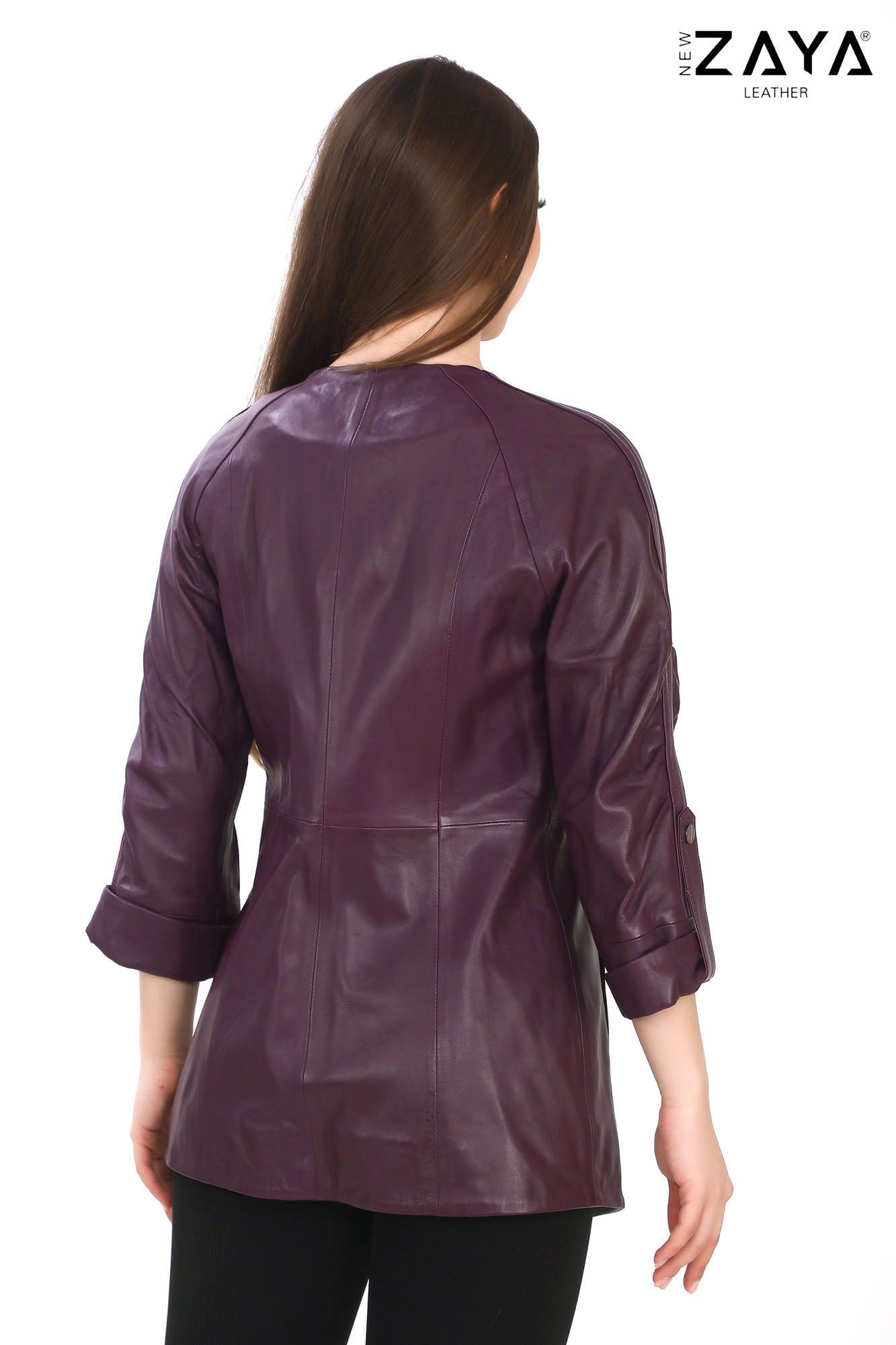 Roselle Genuine Lambskin Purple Leather Jacket with Ruched Collar and Sculpted Waist