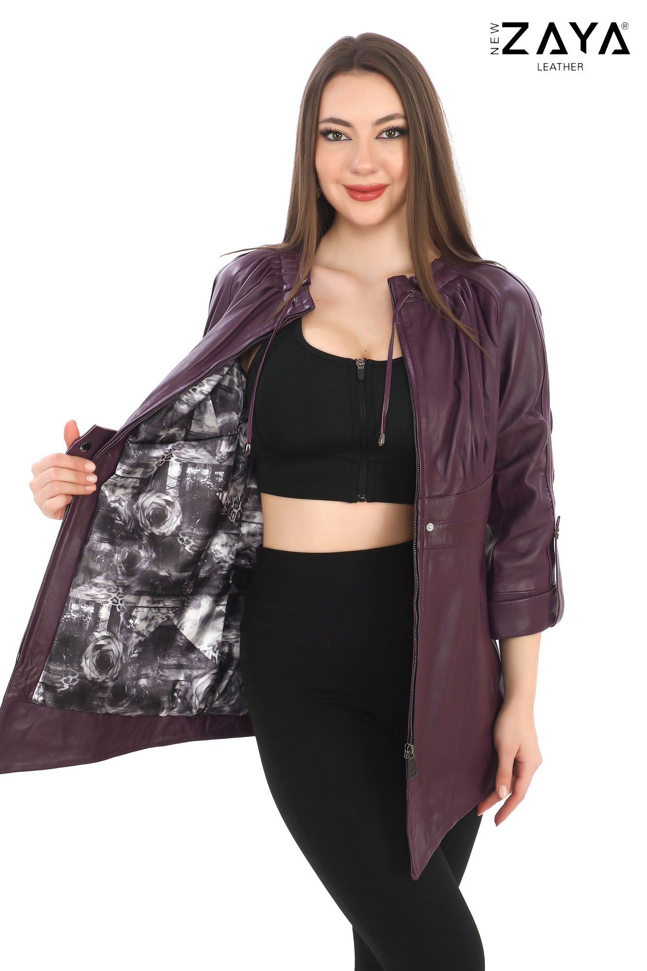 Roselle Genuine Lambskin Purple Leather Jacket with Ruched Collar and Sculpted Waist