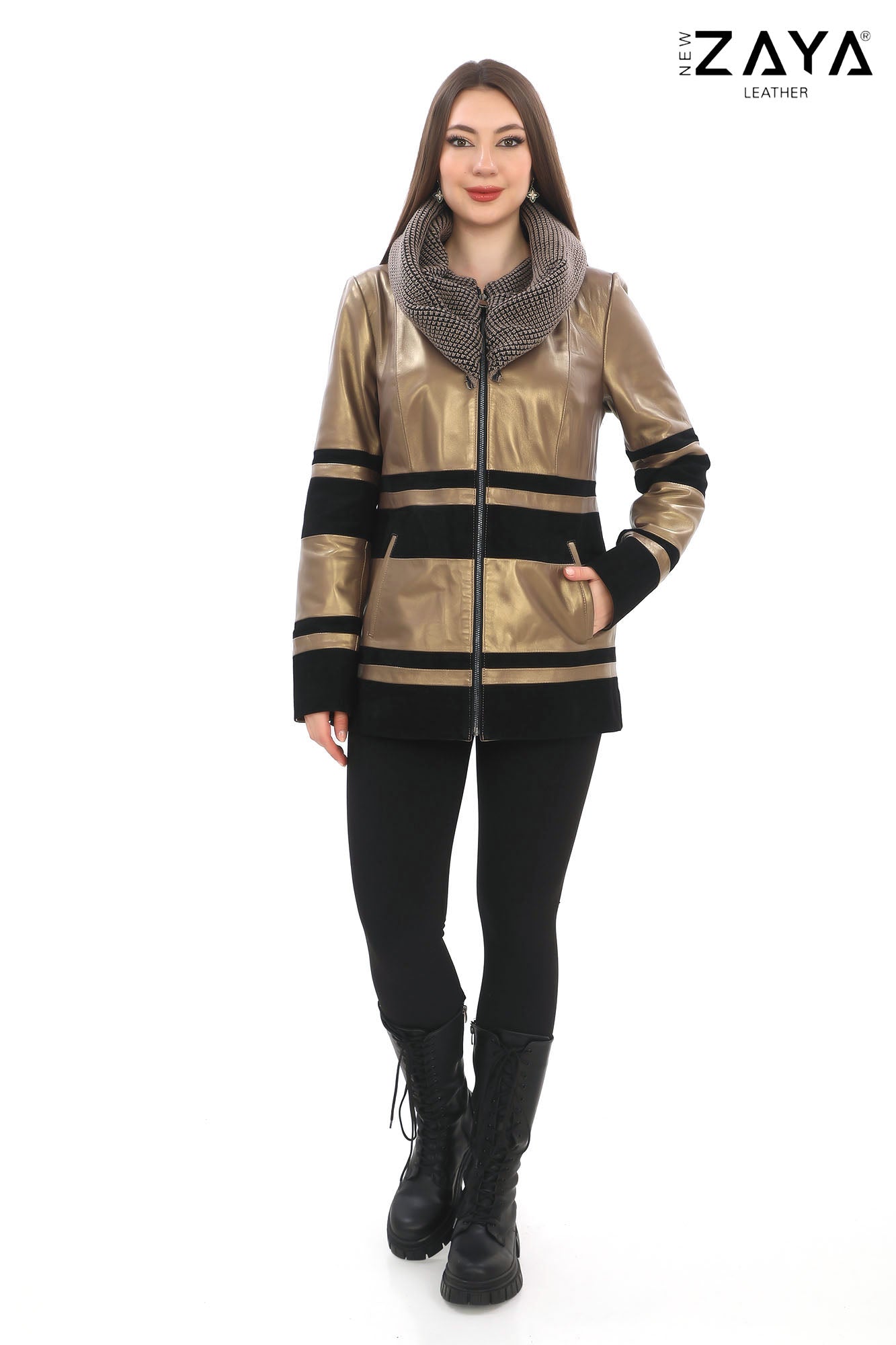Aurevine Women’s Gold Genuine Leather Jacket with Knit Shawl Collar and Suede Contrast Panels