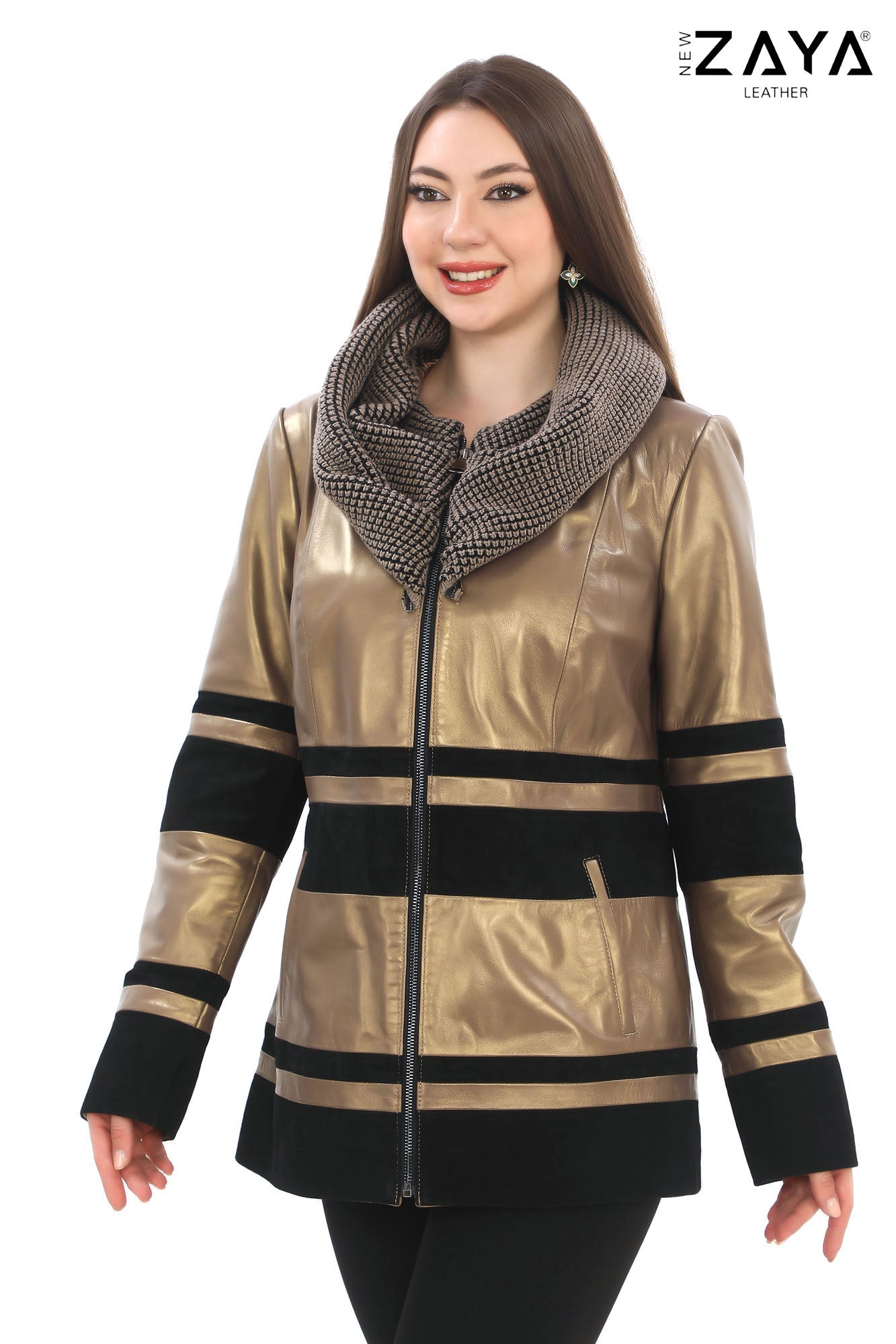 Aurevine Women’s Gold Genuine Leather Jacket with Knit Shawl Collar and Suede Contrast Panels