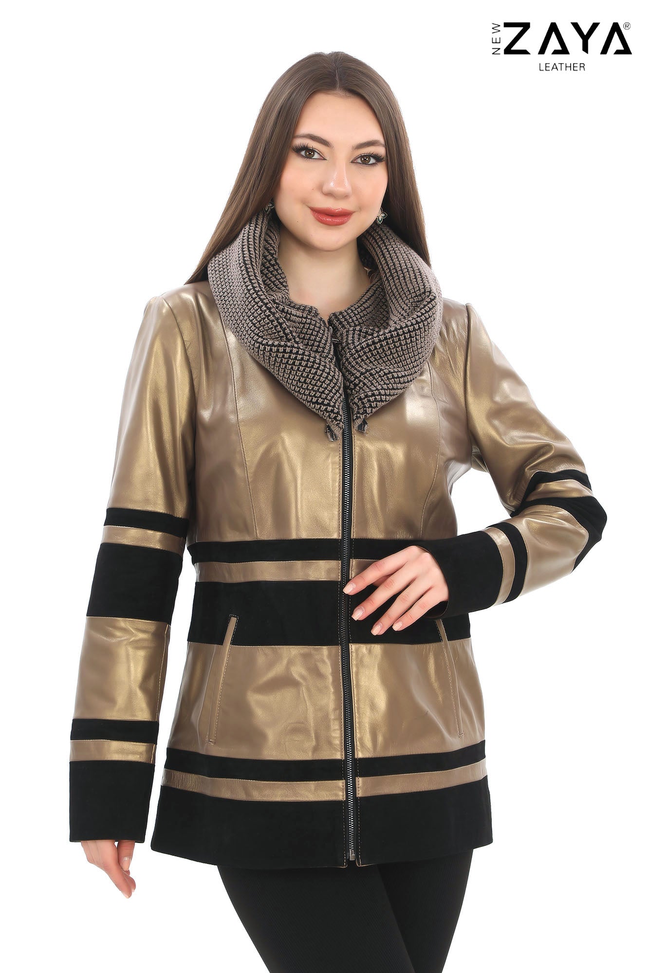 Aurevine Women’s Gold Genuine Leather Jacket with Knit Shawl Collar and Suede Contrast Panels