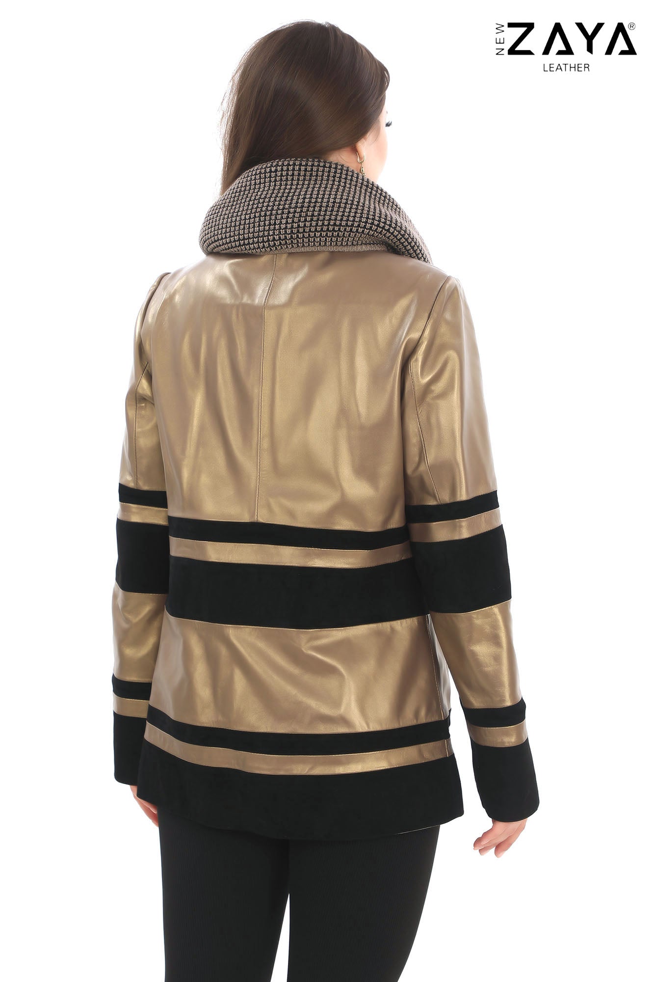 Aurevine Women’s Gold Genuine Leather Jacket with Knit Shawl Collar and Suede Contrast Panels