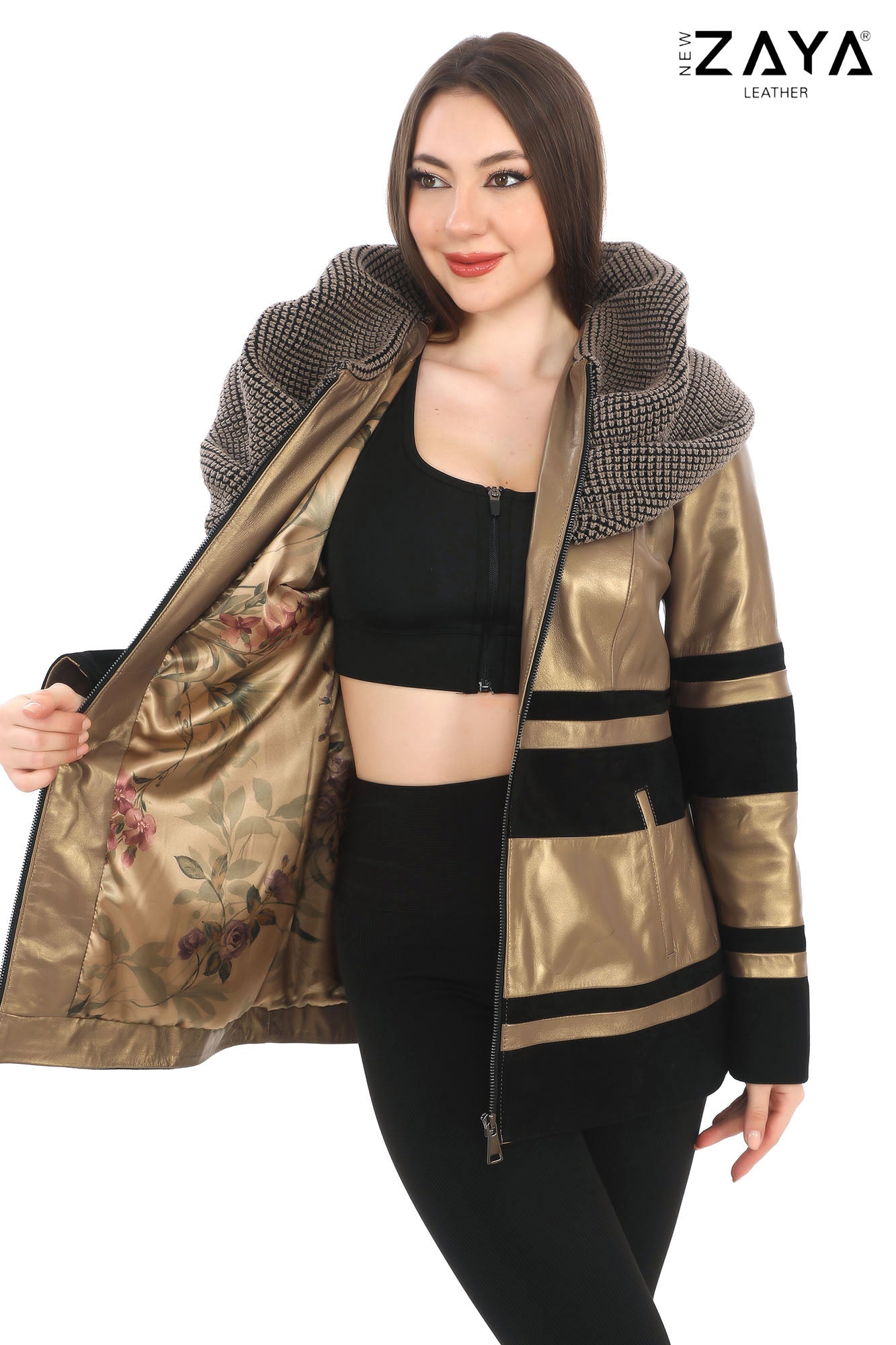 Aurevine Women’s Gold Genuine Leather Jacket with Knit Shawl Collar and Suede Contrast Panels