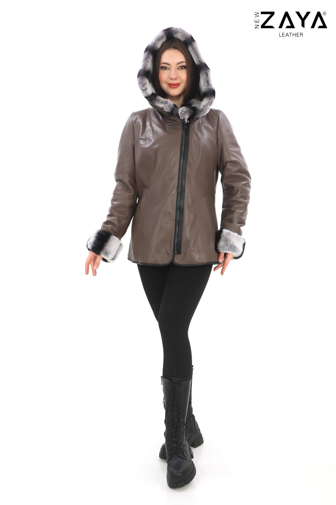 SAVELIA TAUPE Fox Fur Trim Lambskin Leather Jacket