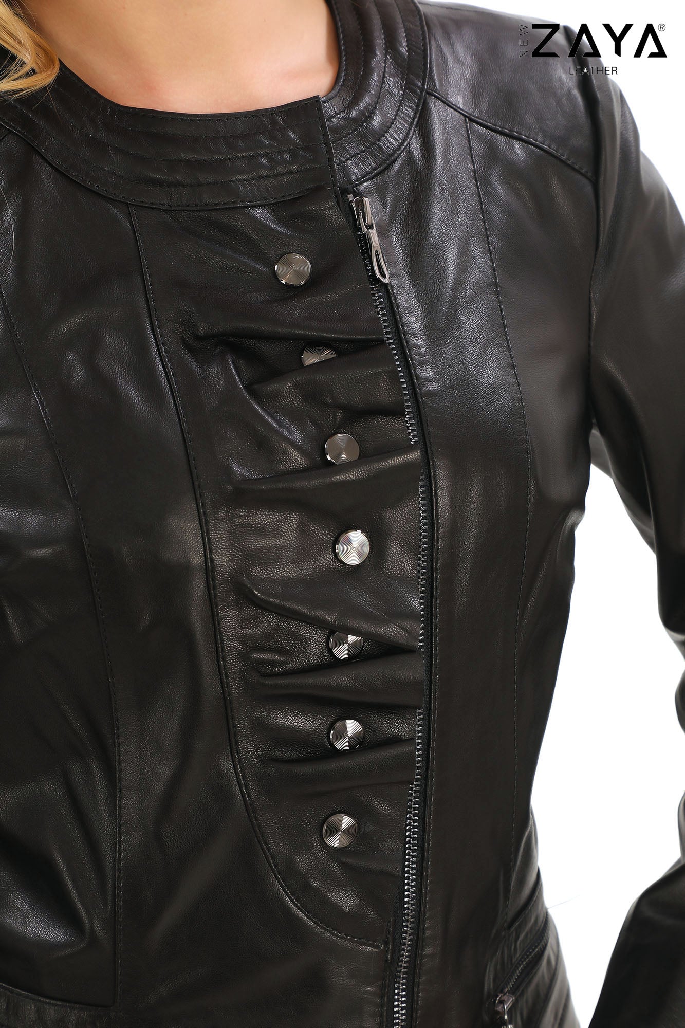 FLORA BLACK GENUINE LEATHER RUFFLE DETAILED ASYMMETRICAL JACKET