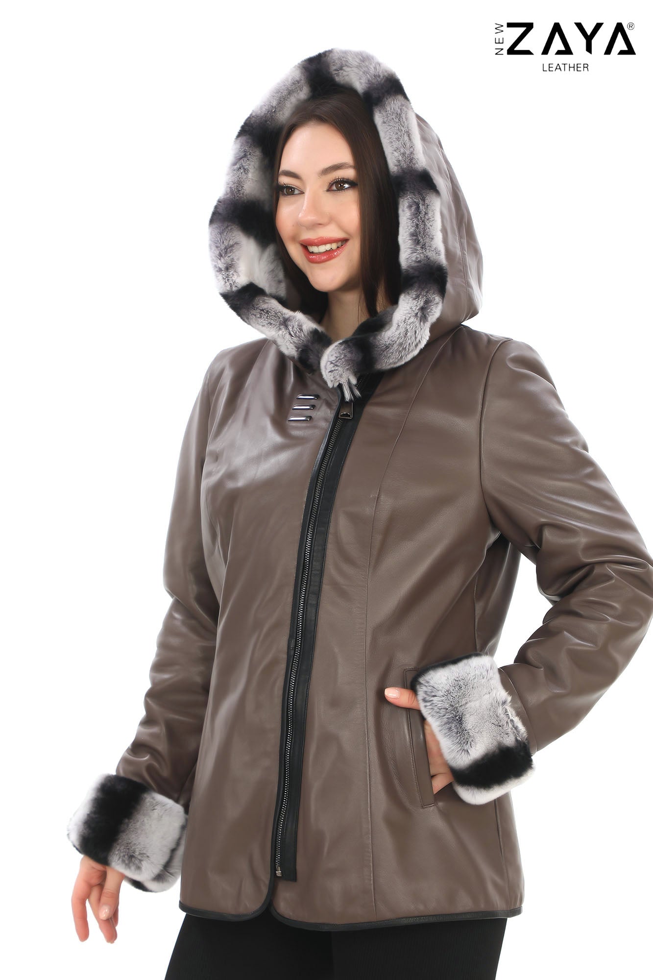 SAVELIA TAUPE Fox Fur Trim Lambskin Leather Jacket