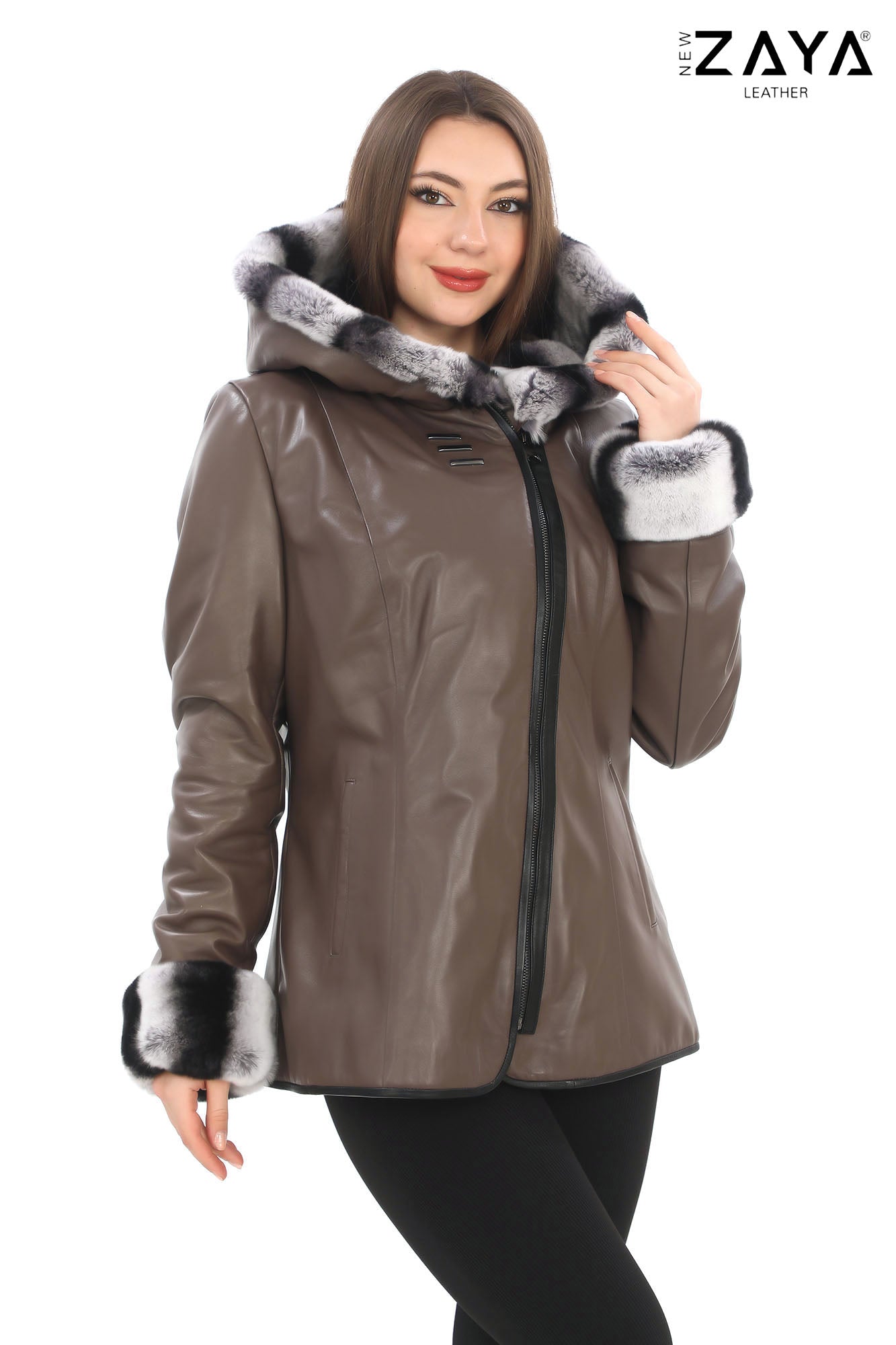 SAVELIA TAUPE Fox Fur Trim Lambskin Leather Jacket