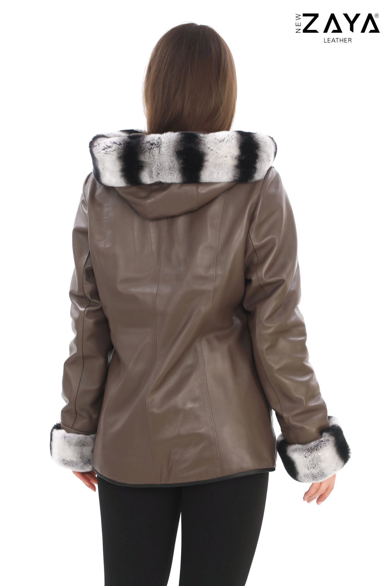 SAVELIA TAUPE Fox Fur Trim Lambskin Leather Jacket