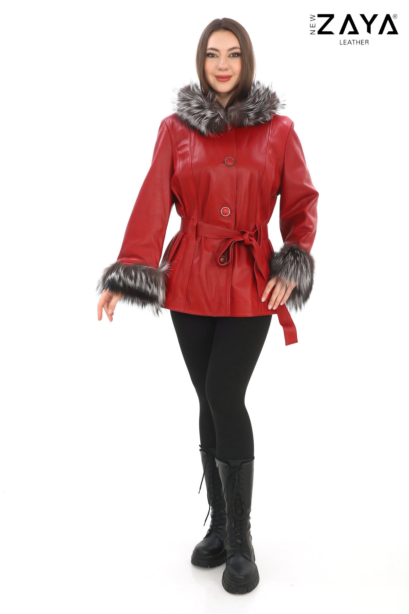 AURELIA SILVER FOX – Hooded Leather Coat Red