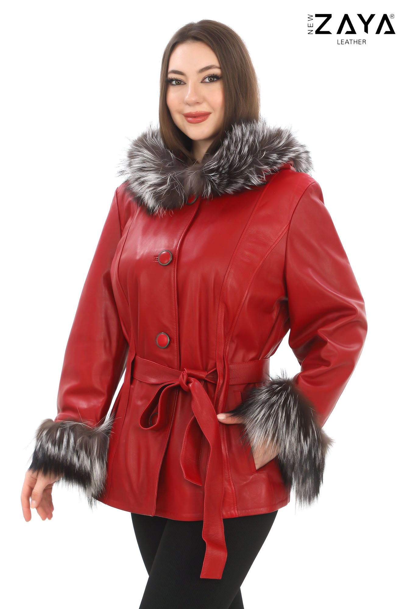 AURELIA SILVER FOX – Hooded Leather Coat Red