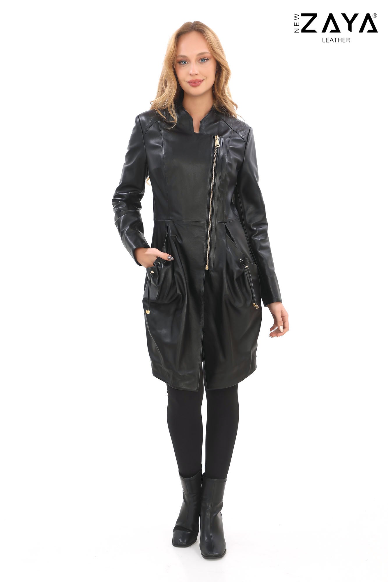 SCARLET Asymmetric ZIP Black Genuine Lambskin Leather Trench Black