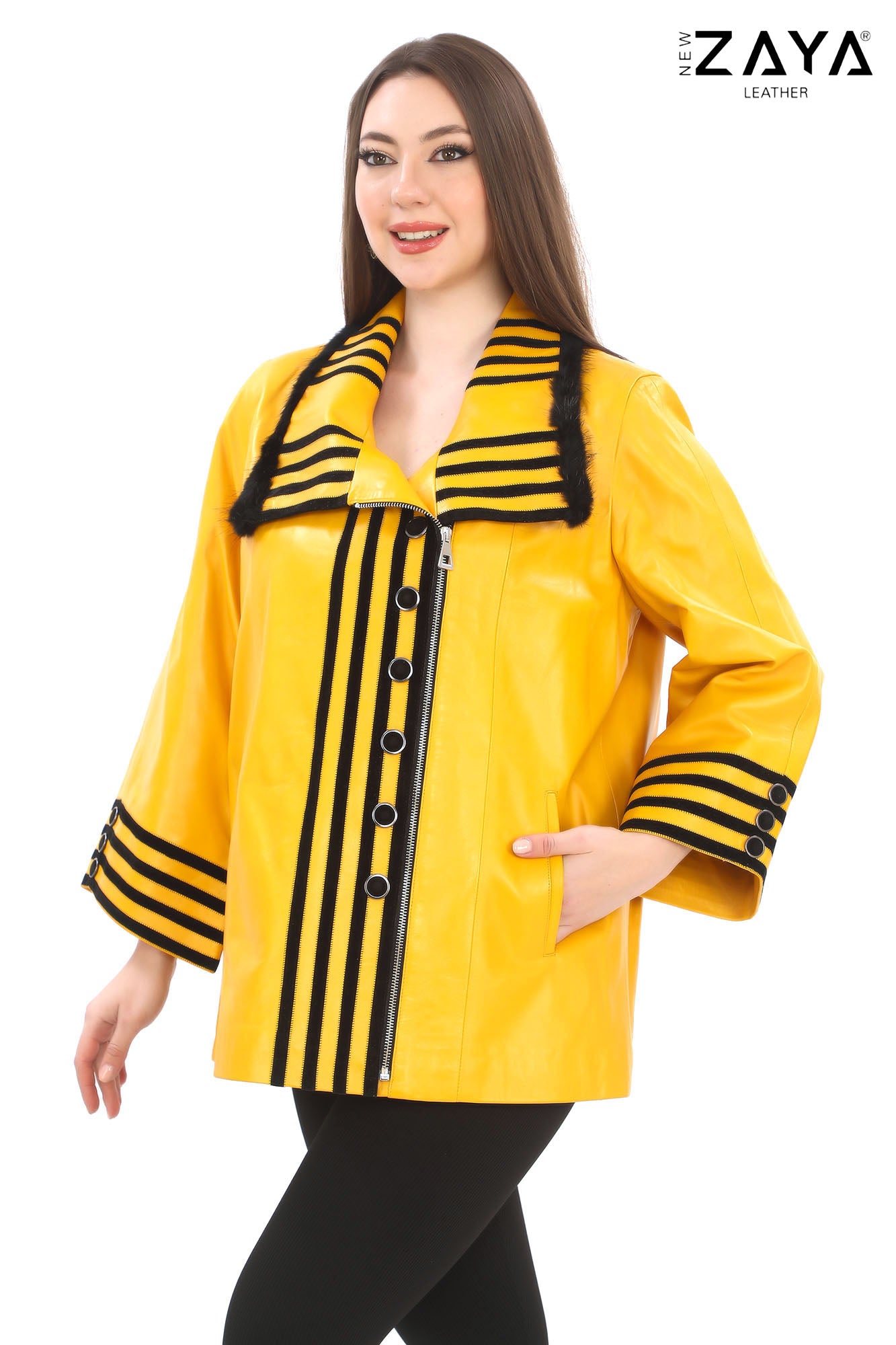 SOLARA YELLOW – Women’s Genuine Leather Designer Jacket with Contrast Trim